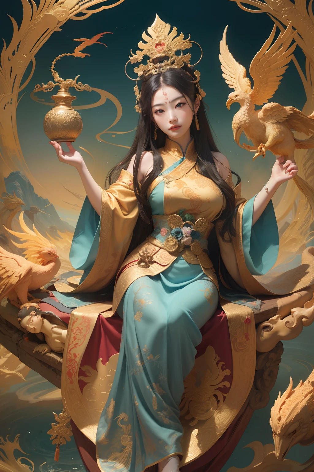 an ancient Chinese goddess, guanyin of the southern seas, Guanyin, Inspired by China, Avalokiteshvara rides a phoenix,,Serene expression,shui mo hua,Buddha,Buddhist,Lotus,Chinese painting style,Thangka style