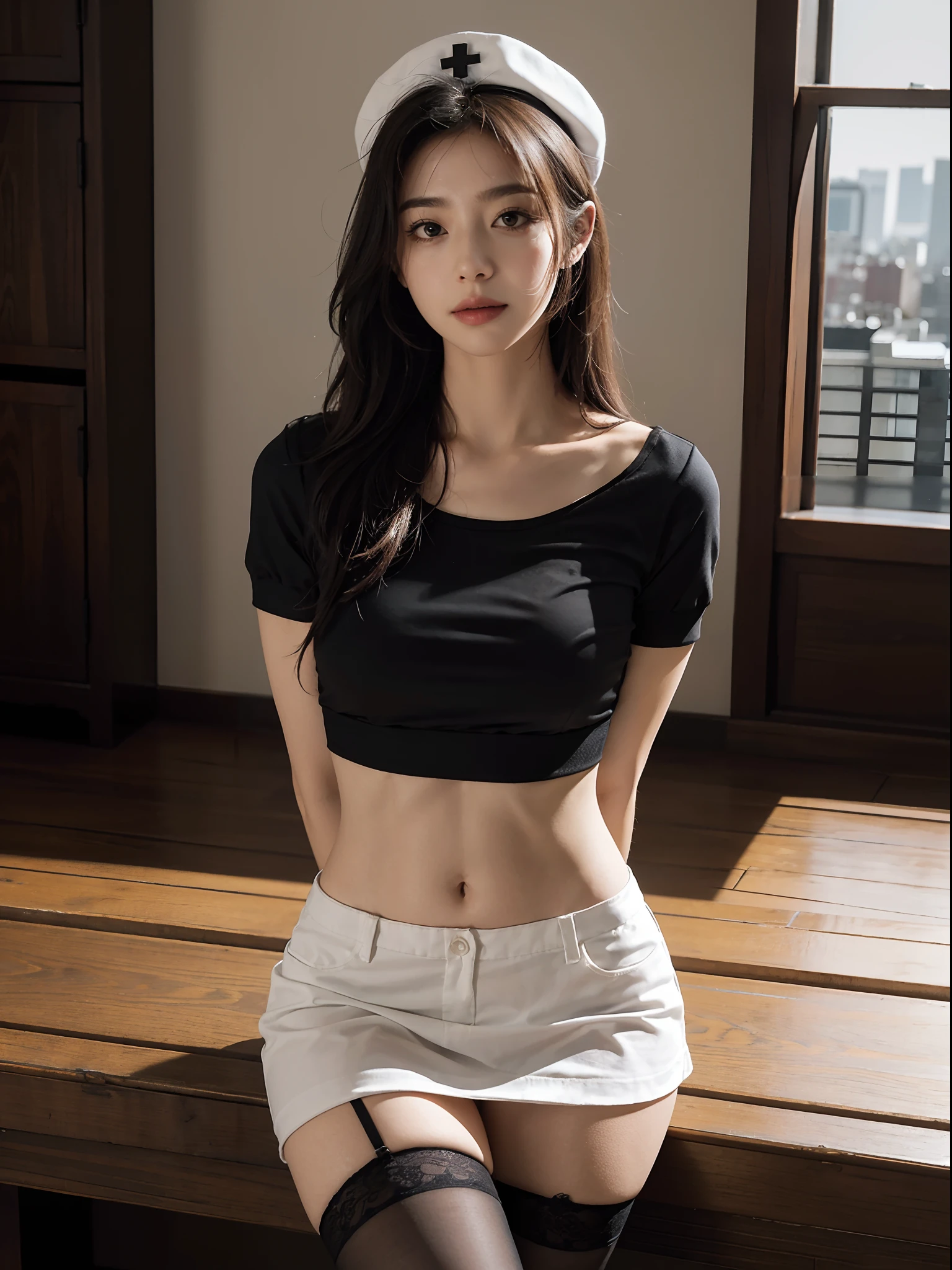 Masterpiece,Best quality,Highly detailed,Cityscape,Original,incredibly_absurderes,nurse hat,Black short sleeves，midriff,Stockings,tattoo,Bare_bshoulders,Female，Natural expression,mediating_Breasts,Messy_Hair,Arms_Behind_back,camera,Indoors,Solo,view the viewer，White and delicate skin