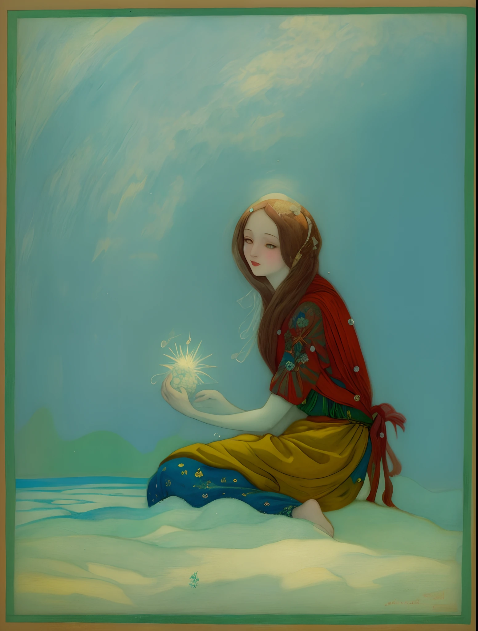 pintura de uma mulher sentada em uma colina nevada segurando um sol, inspirado em Ivan Bilibin, inspirado em Gustaf Tenggren, Alegoria do Inverno, a sorceress casting a ice ball, Directed by: Gustaf Tenggren, Russian folk fairy tale, inspirado em Edmund Dulac, deusa do inverno, inspirado em Mikhail Nesterov, inspirado em Kay Nielsen