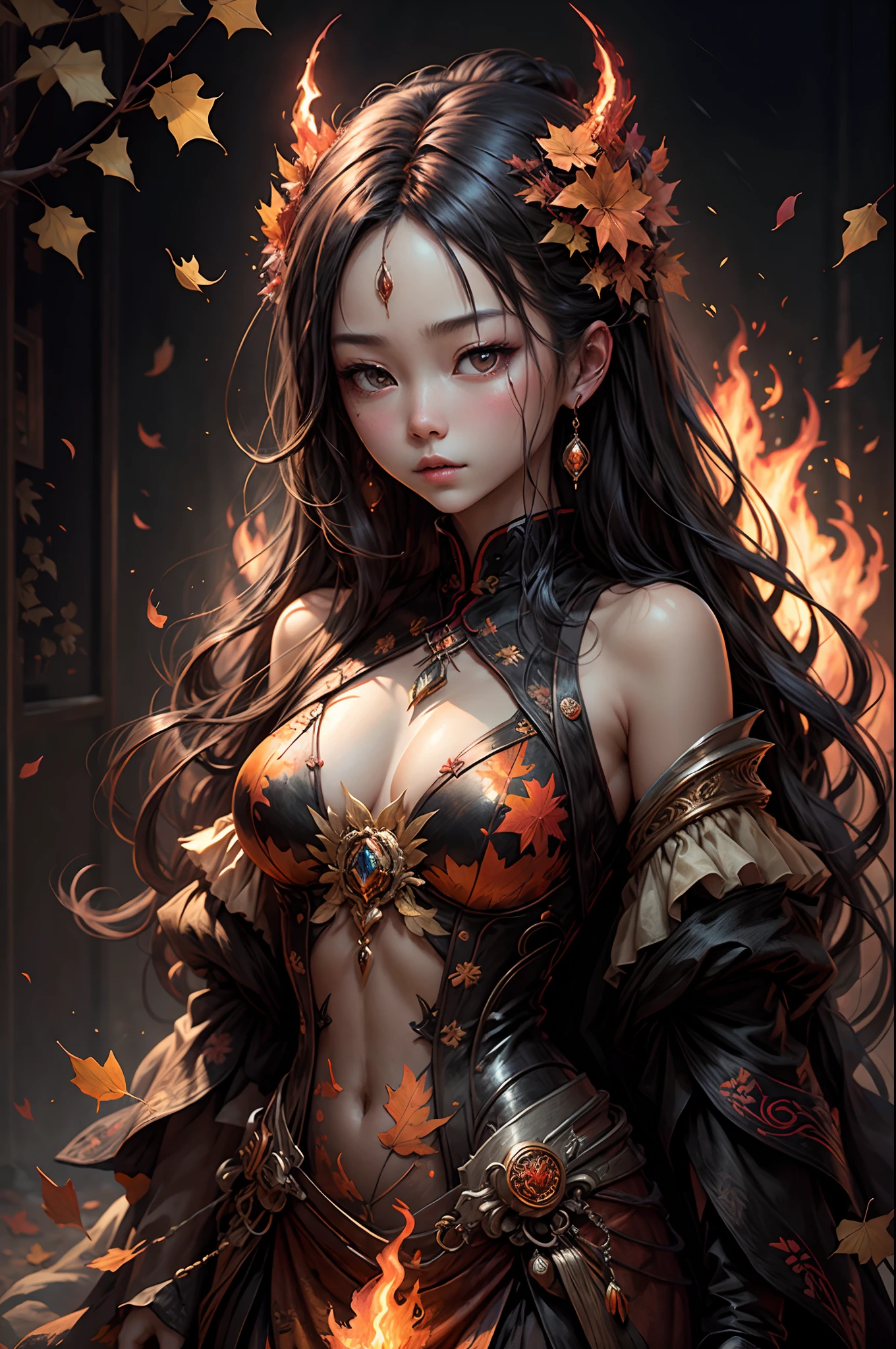 guofeng,1girl,upper body,fire,burning,autumn,orange_theme,autumn_leaves,orange_flower,solo,flame,leaf,ginkgo_leaf,long_hair,best quality,masterpiece,extremely detailed,finely detail,highly detailed,jewelry,jewelry,(metalisk:1.1),(metal reflection:1.1),(style of Alfons Mucha:0.2),(style of Victo Ngai:0.4),hell