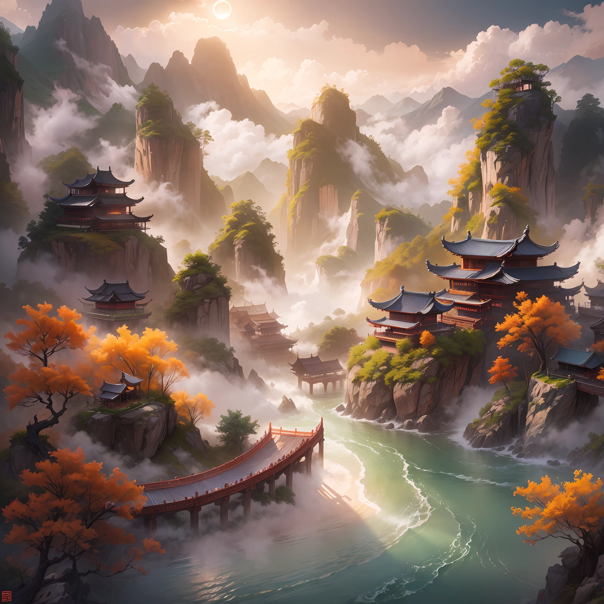 chinese wind mountains, river, auspicious clouds, pavilions, sunlight, masterpiece, super detail, epic composition, ultra hd, high quality, extremely detailed, official art, unified 8k wallpaper, super detail, 32k --auto --s2