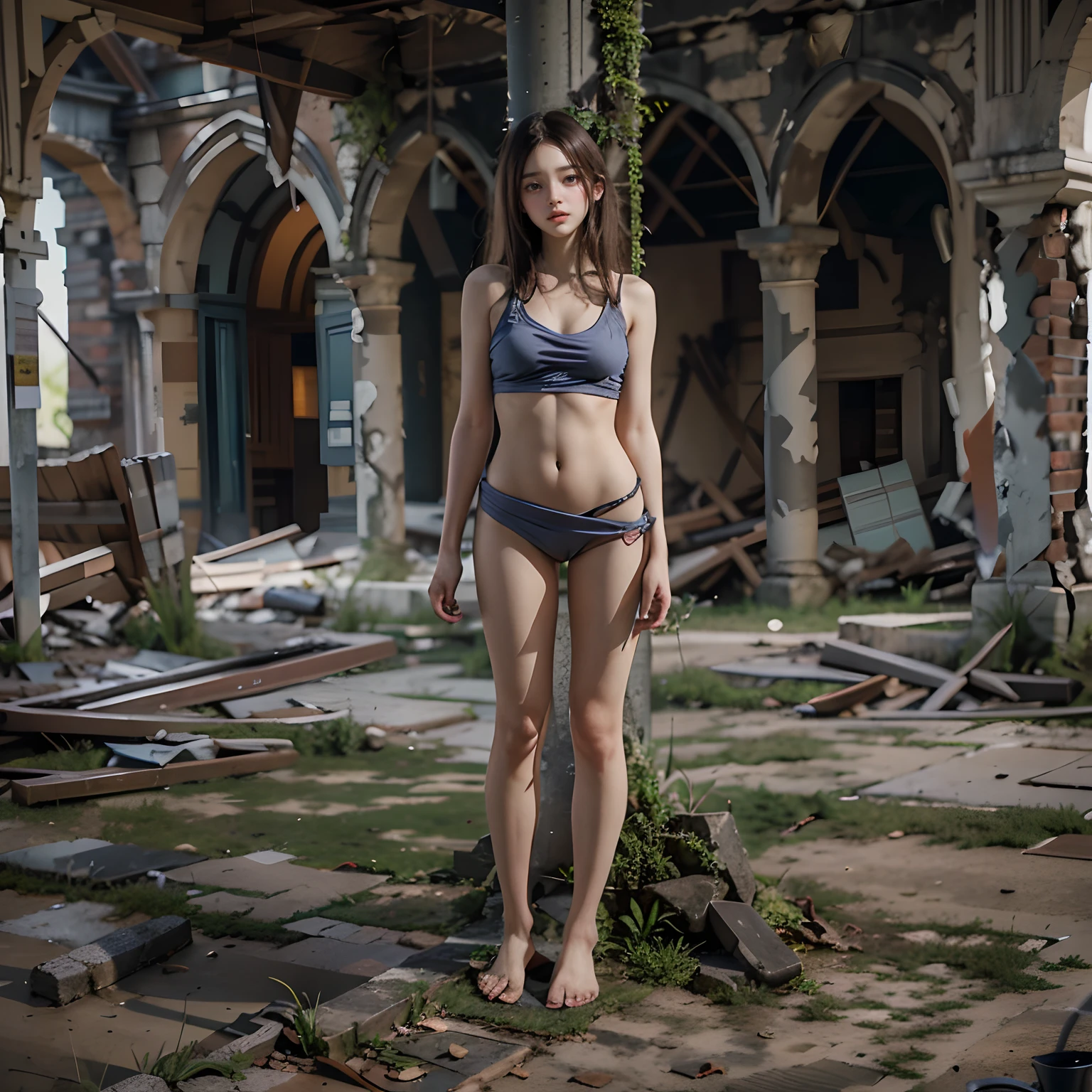 Abandoned ruins sexy standing pose，full-body portraits（1：1），18 years old girls，Slender and slender figure，Skinny，As thin as a whipping post，Smaller bust，The barefoot，Random nudity all over the body，exhibitionists，Random exposure of genitals，face to the viewer