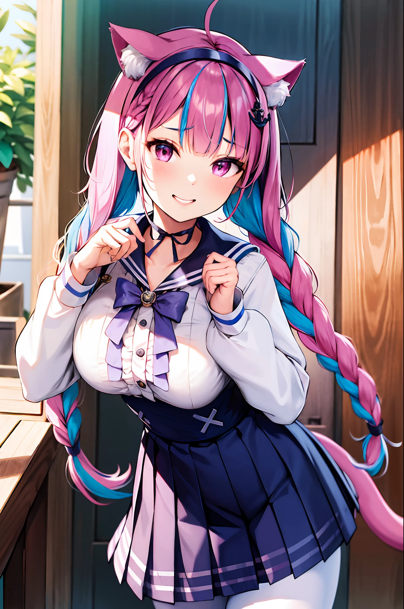 masterpiece, best quality, highres,  sidelighting, 1girl, minato aqua, virtual youtuber, tail, animal ears, cat ears, long hair, purple eyes, braid, ahoge, cat tail, skirt, multicolored hair, twin braids, blue hair,  two-tone hair, hairband, tail ornament, tail ribbon, pink hair, anchor hair ornament, ribbon, sailor collar, school uniform, pleated skirt, bow, cat girl, twintails, large breasts, bangs, upper body, smile,