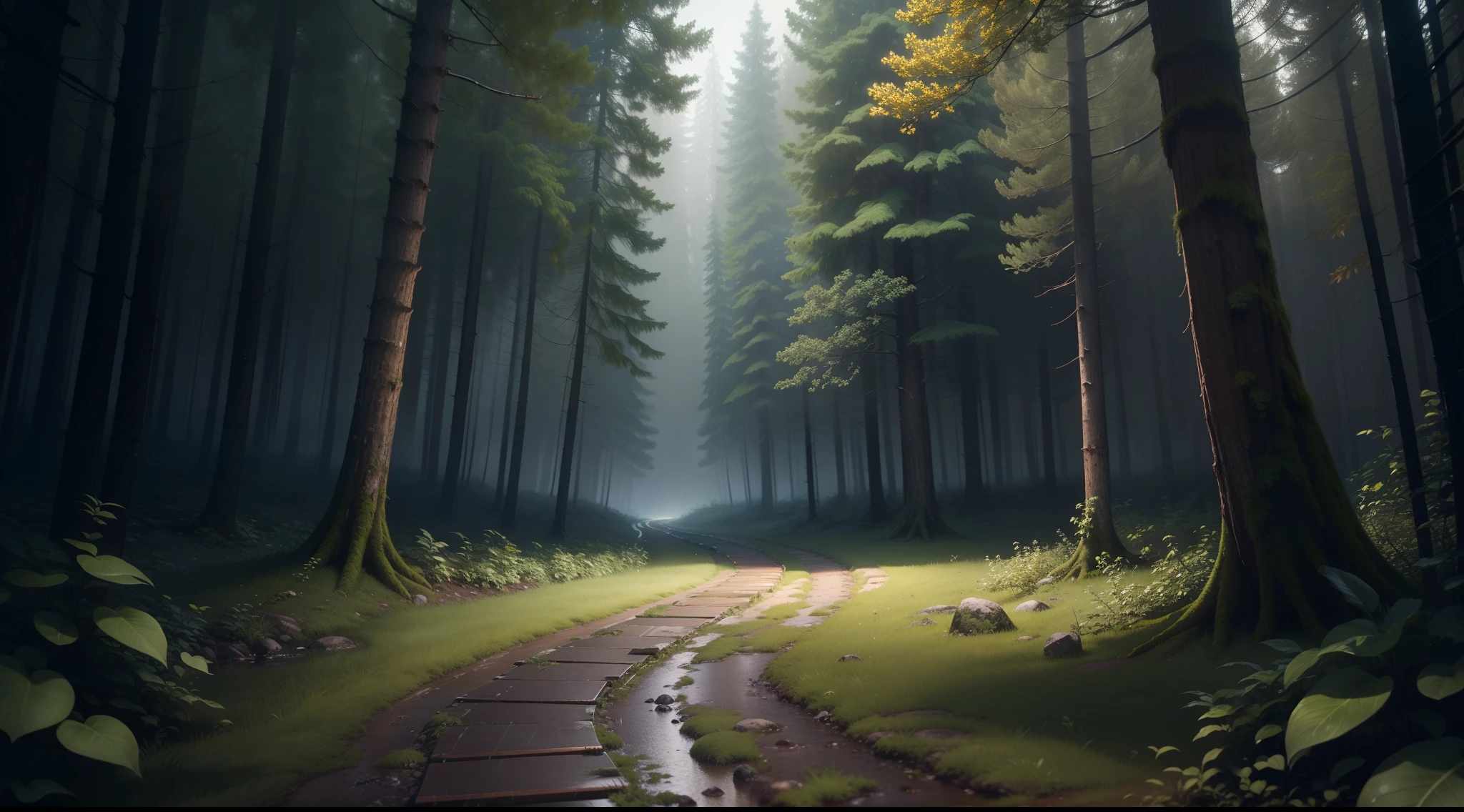 extremely detailed CG high resolution image, obra-prima, impeccable quality, trail in the middle of the forest during a heavy rain at night.