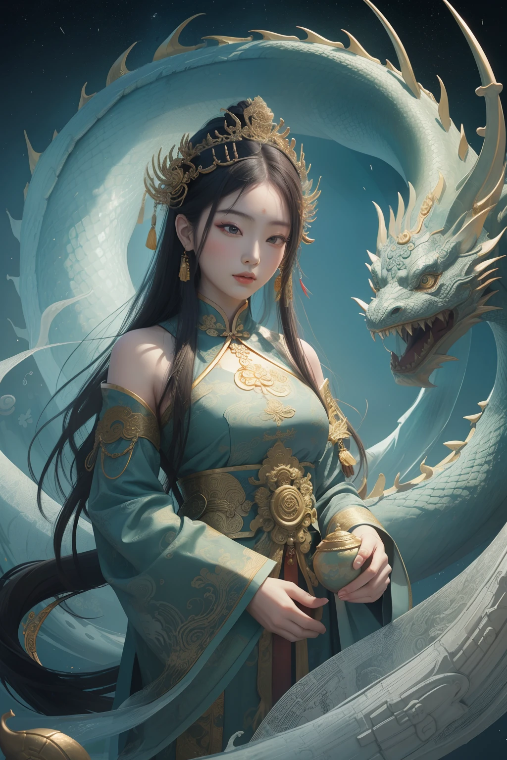 an ancient Chinese goddess, guanyin of the southern seas, Guanyin, Inspired by China, Avalokiteshvara rides a dragon,,Serene expression,shui mo hua,Buddha,Buddhist,Lotus,Chinese painting style,Thangka style
