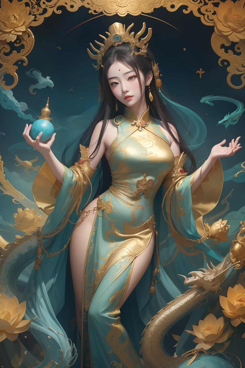 an ancient Chinese goddess, guanyin of the southern seas, Guanyin, Inspired by China, Avalokiteshvara rides a dragon,,Serene expression,shui mo hua,Buddha,Buddhist,Lotus,Chinese painting style,Thangka style