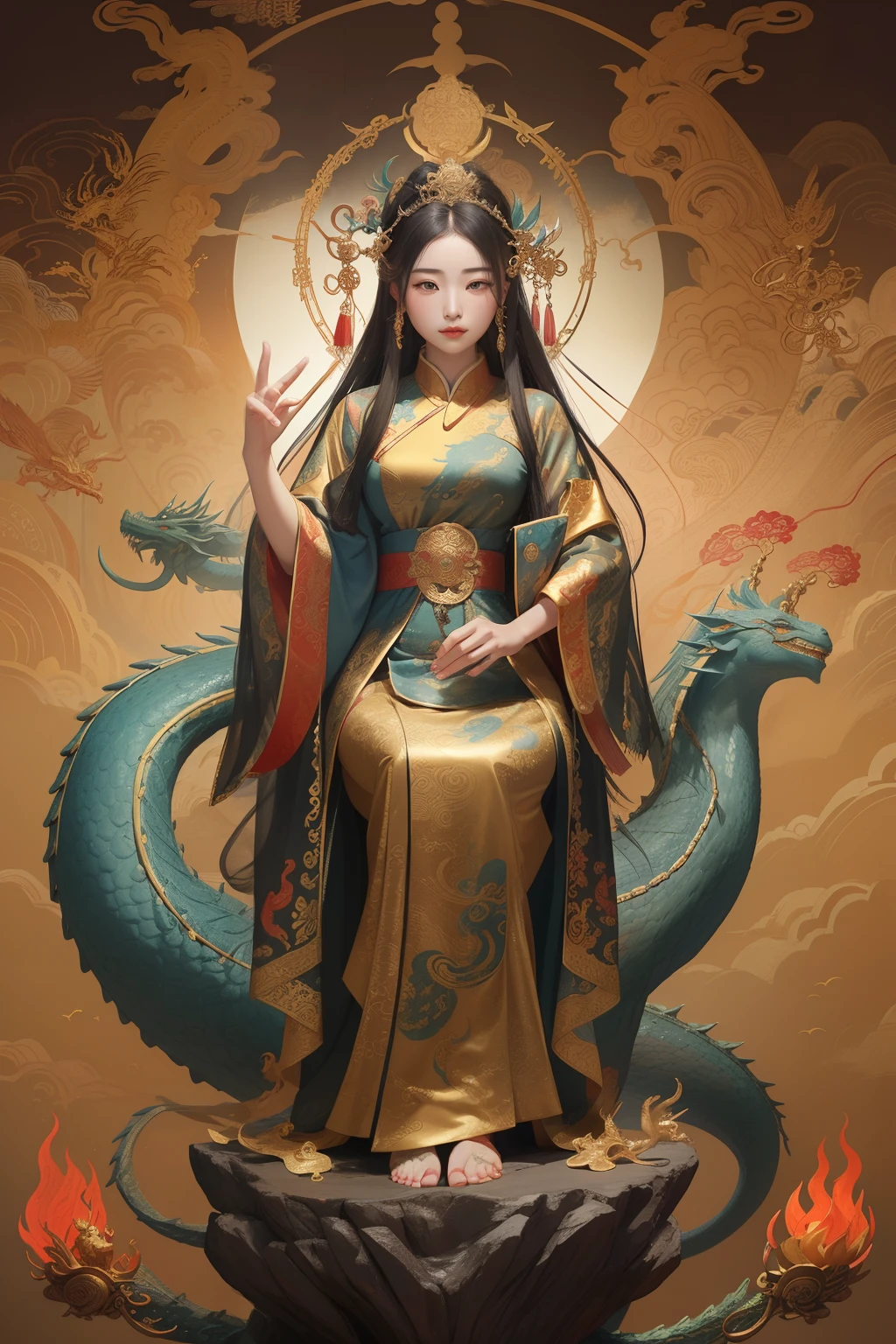 an ancient Chinese goddess, guanyin of the southern seas, Guanyin, Inspired by China, Avalokiteshvara rides a dragon,,Serene expression,shui mo hua,Buddha,Buddhist,Lotus,Chinese painting style,Thangka style