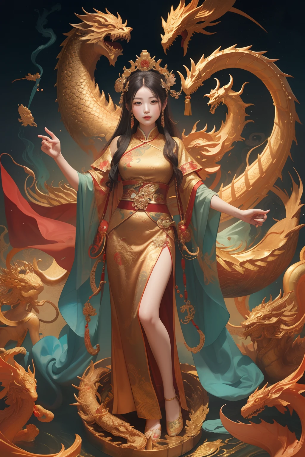 an ancient Chinese goddess, guanyin of the southern seas, Guanyin, Inspired by China, Avalokiteshvara rides a dragon，,Serene expression,shui mo hua,Buddha,Buddhist,Lotus,Chinese painting style,Thangka style