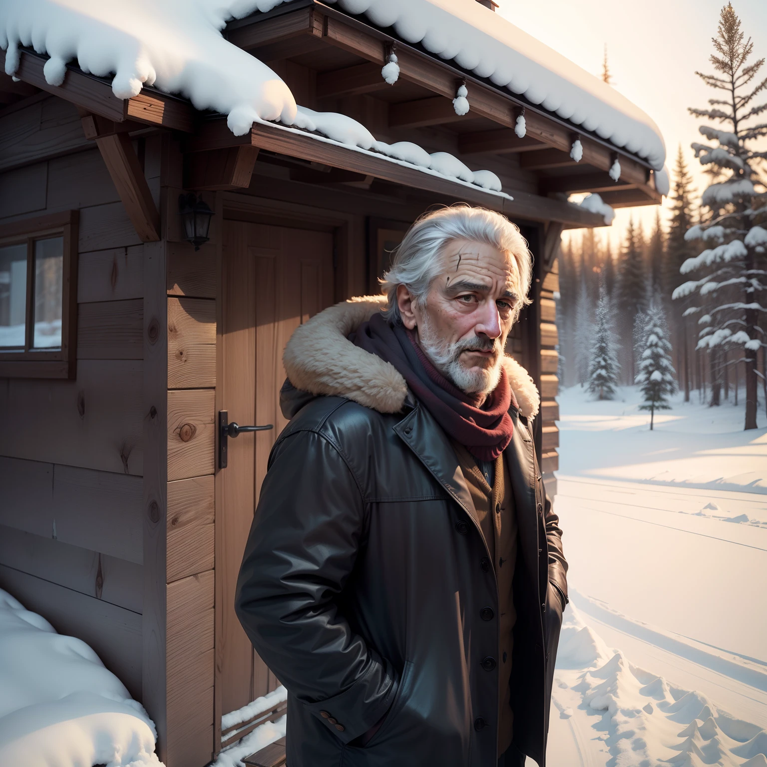 There is a man inside a wooden cabin, robert de niro's lookalike, winter season