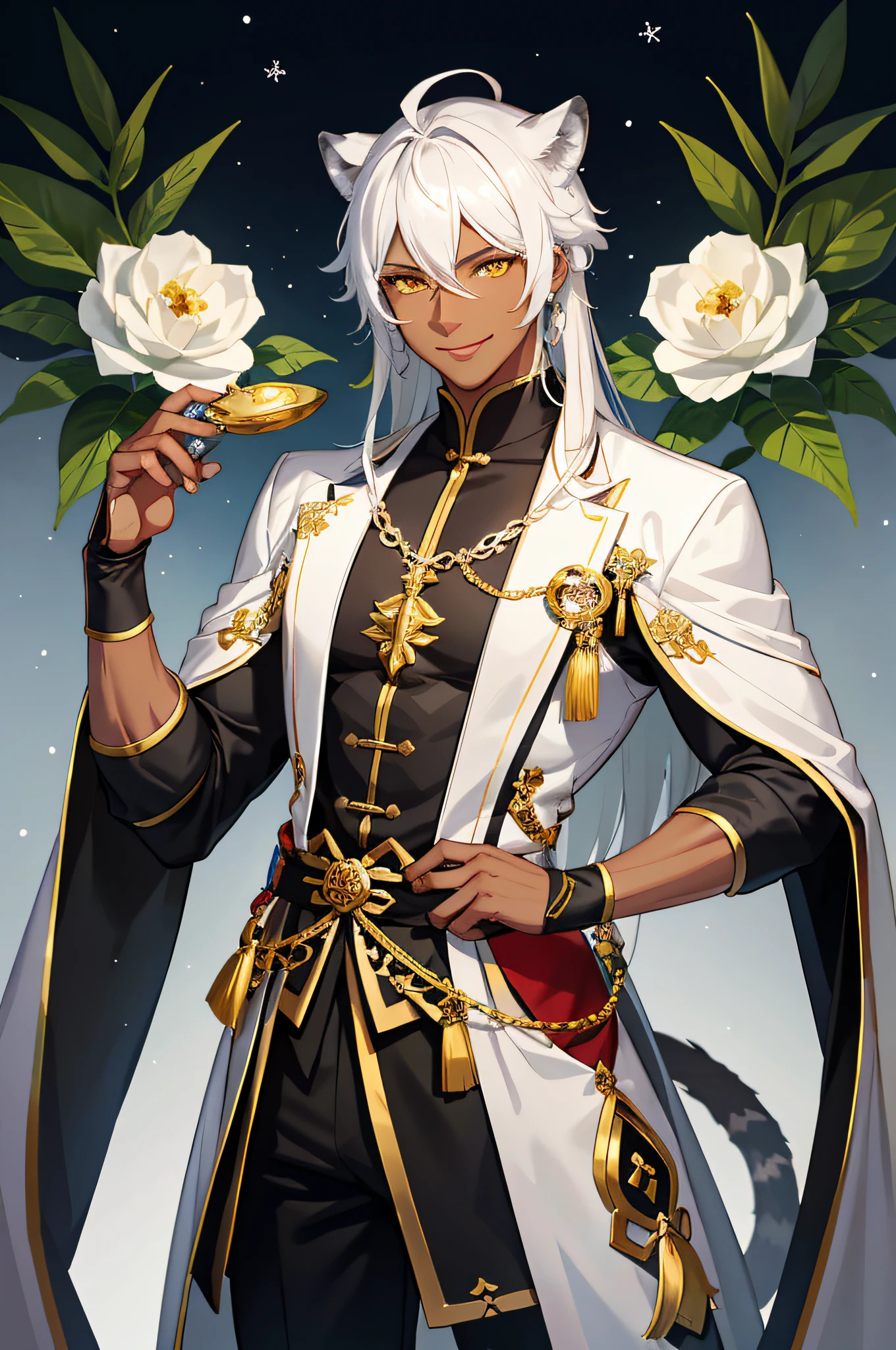 1male, charming, dark skin, ebony, white hair, cat boy, snow leopard, muscular, muscular male, Chinese clothing, flowers, smiling, yellow eyes, ((masterpiece)), pretty male, genshin impact art, long hair, detailed eyes,