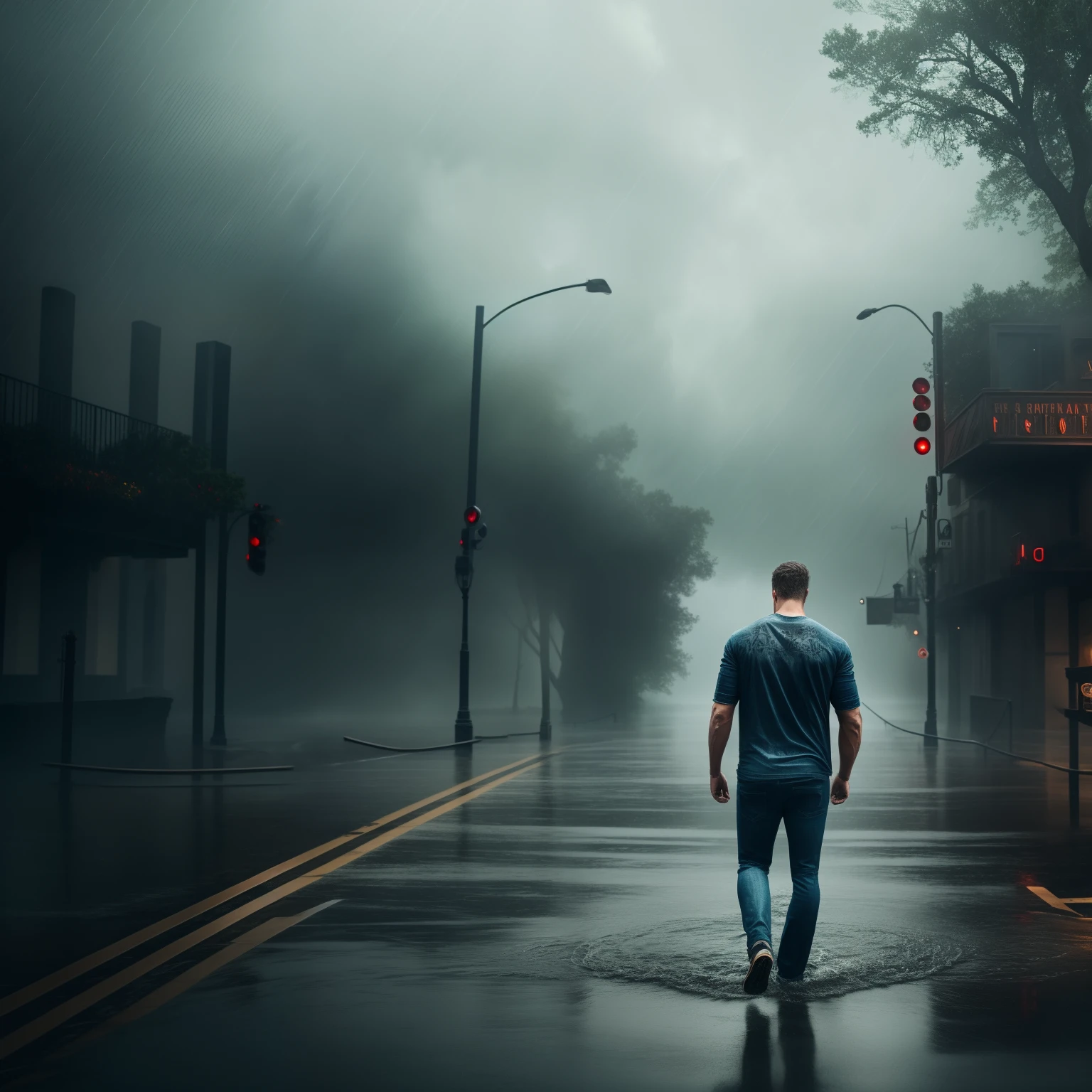 A very detailed man, feeling T-shirt and jeans, being followed in a hurricane, cinema image, very realistic, 8k, hdr, fantasy style