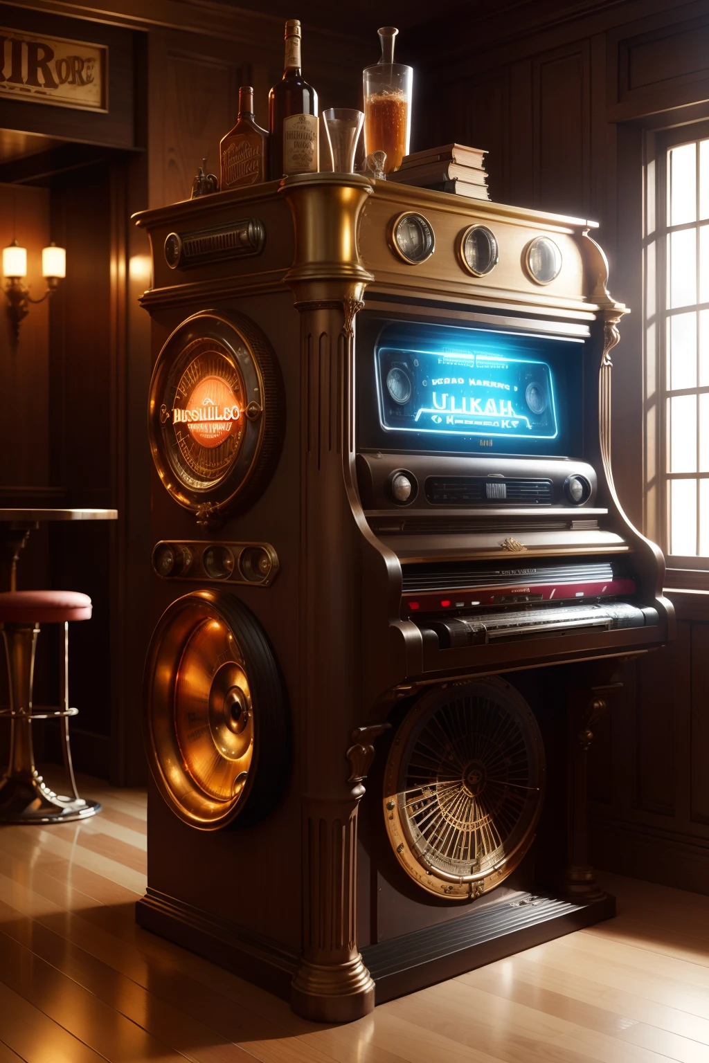 old jukebox wurlitzer, sem humanos, bar, steampunk
