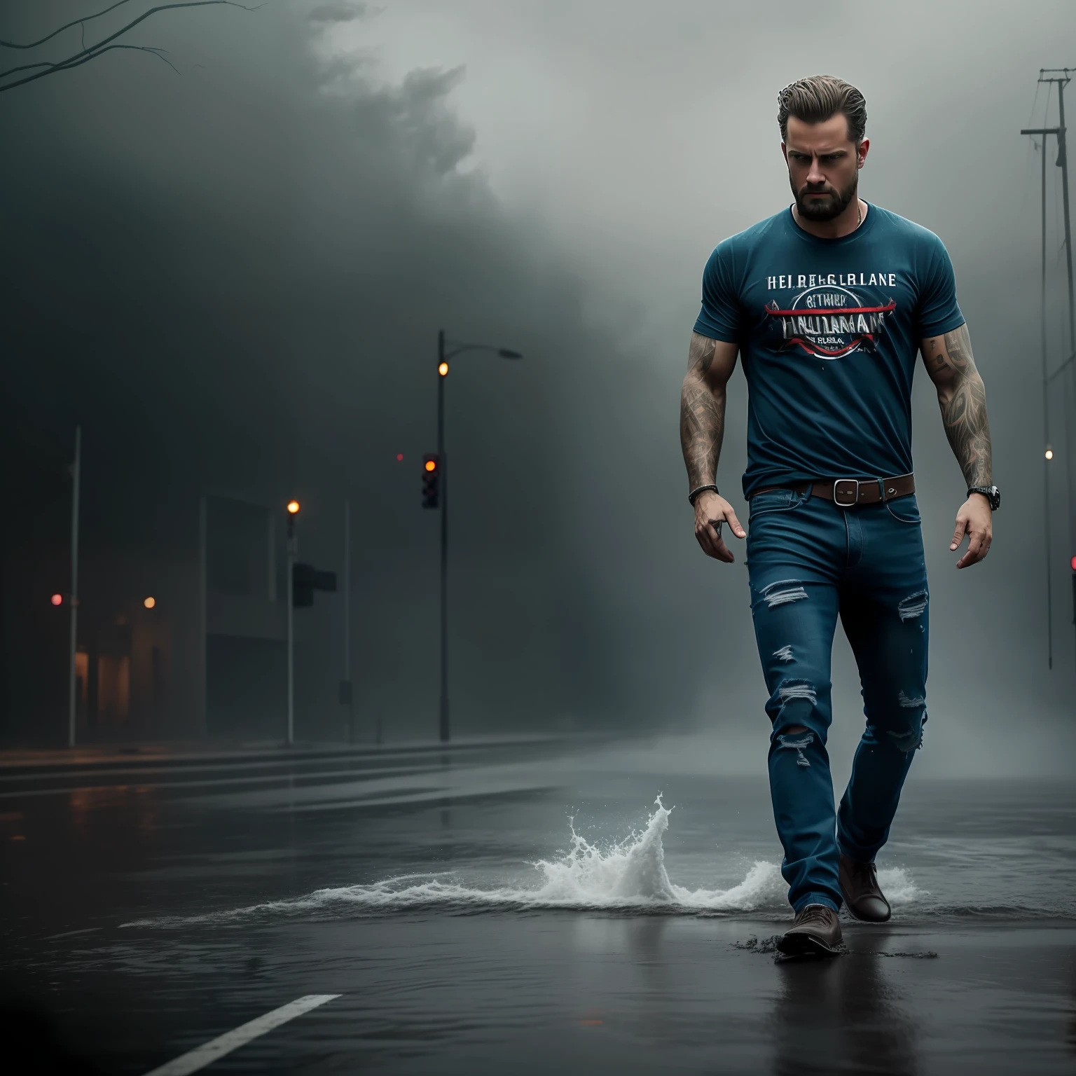 A very detailed man, feeling T-shirt and jeans, being followed in a hurricane, cinema image, very realistic, 8k, hdr, fantasy style