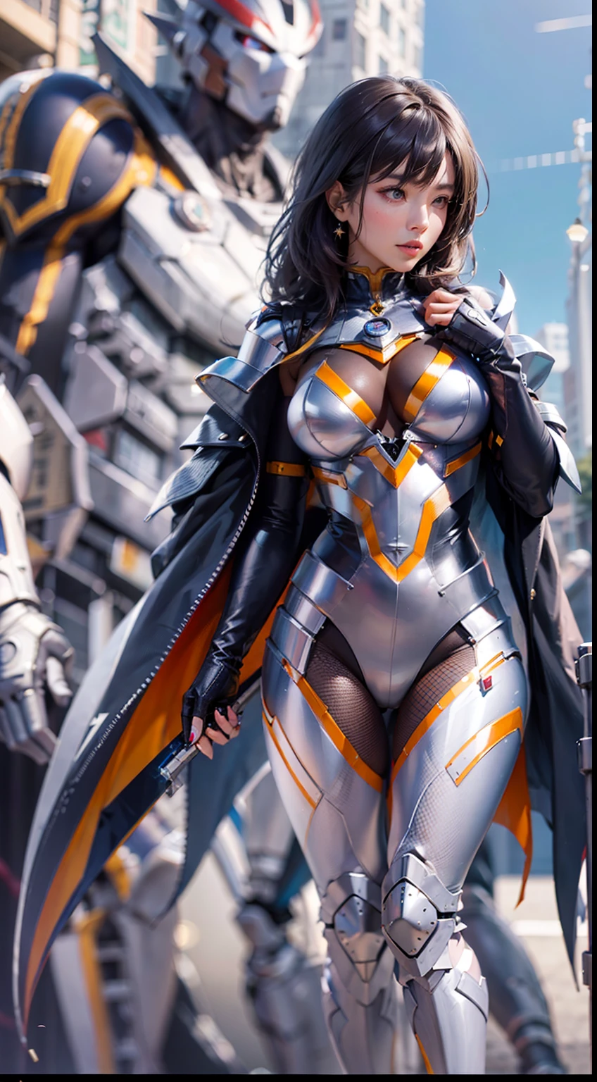 A Japanese woman walking in the city,Buildings,A plant,ssmile,Mixed Korean,The background is blurred out,focal,电影灯光,(((tmasterpiece))), ((best qualtiy)), ((Complex and detailed)), ((ultra-realistic realism)), Ridiculous resolution, A MILF, Mature woman, ssee-through, highly detailed, illustratio, 1girll, (huge tit), Thin waist and thick hips,long leges,beatiful detailed eyes, short detailed hair, brunette color hair, a purple eye, (Ultraman suit:1.2),Ultraman gel coat,Digga Ultraman,Ultraman hood,Ultraman set,Female version of Ultraman,Japanese Ultraman,(No underwear),pantiess, detailed back ground, perfect eyes, Seductive eye, looking at viewert, From the front,Wear light,