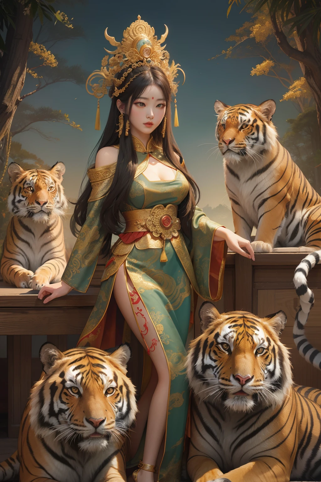 an ancient Chinese goddess, guanyin of the southern seas, Guanyin, Inspired by China, Avalokiteshvara rides a tiger,,Serene expression,shui mo hua,Buddha,Buddhist,Lotus,Chinese painting style,Thangka style