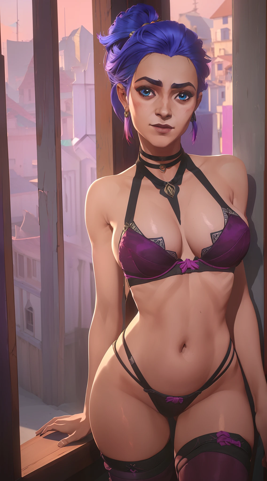 ((Uma verdadeira obra-prima com a melhor qualidade)), NSFW, (((jinx))), rosto pequeno, (((peitos pequenos))), ((camisa aberta)), tarada expression, sorriso provocante, (saia preta curta), saia plissada, (panthyhose), sexy, olhos de duas cores, sardas, (pernas abertas), prostitution, black necklace on neck, bochechas rosadas, (nua), no-bra, (salto alto), (sentada), ((pernas abertas)), (((sem calcinha))), (((provocando))), ((seios a mostra)), arcane style