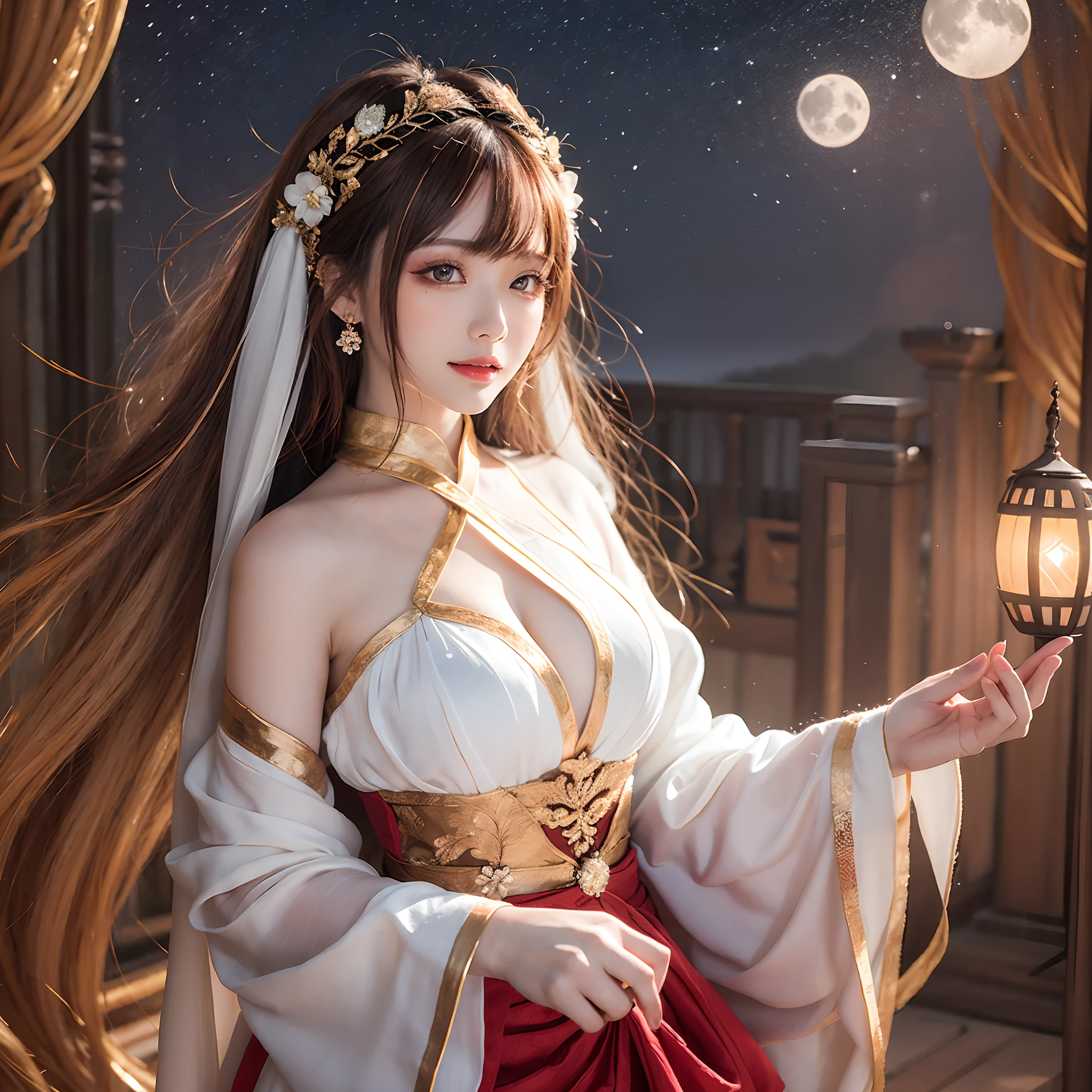 Art depicts a charming woman,Dressed in a flowing manner、Silky traditional oriental dress,Decorated with intricate patterns and bright colors。Her dress draped elegantly over her curvy figure,Highlights her seductive silhouette。She stood gracefully in the quiet moonlit night,bathed in the soft glow of the moonlight。The scene exudes an ethereal and dreamy atmosphere,The image style incorporates watercolor and digital illustration techniques,It evokes a refined beauty and charm。The lights are filled with soft moonlight,casting soft highlights and shadows on her charming features。