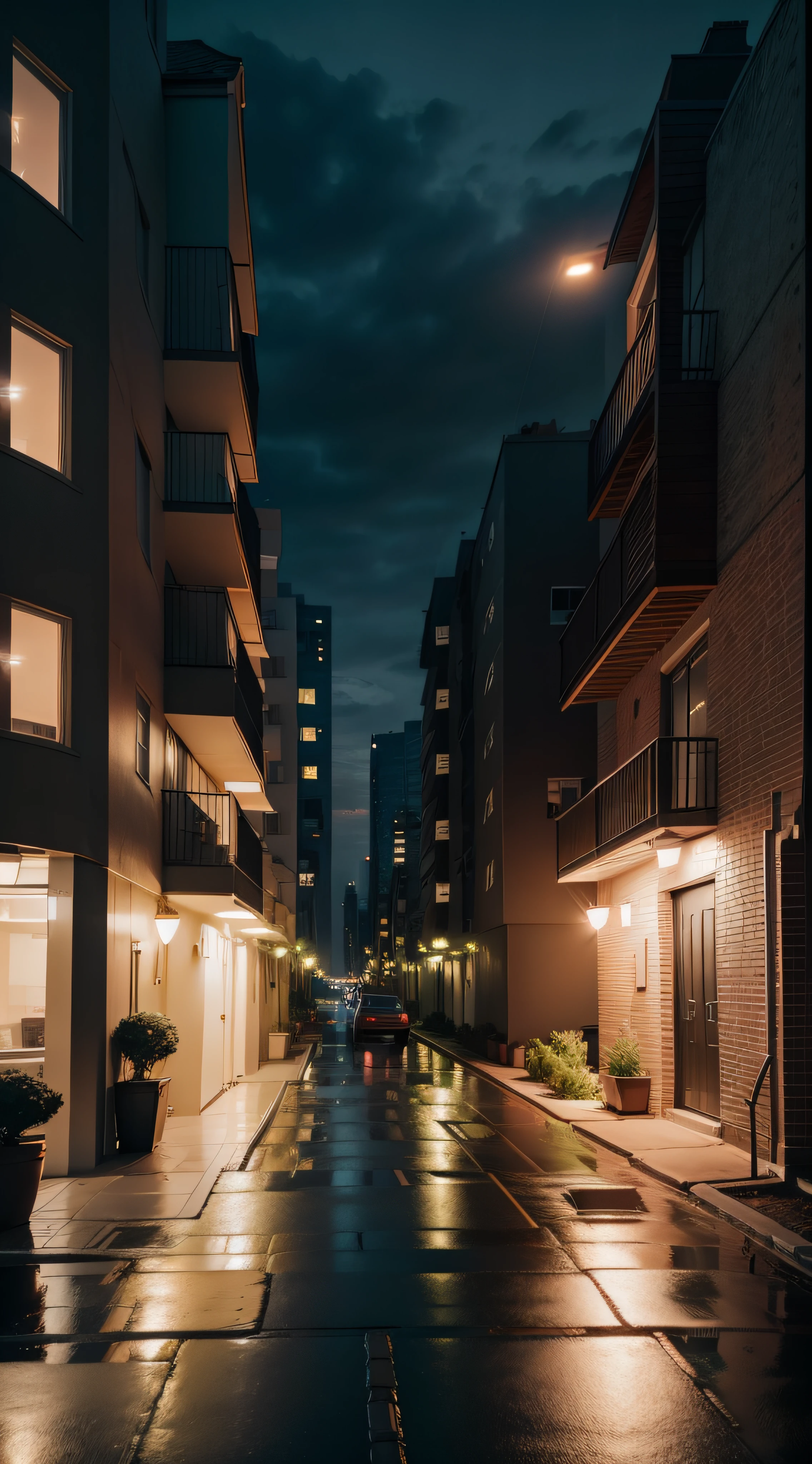 American apartment complex exterior, tall buildings, night, raining, small stray cat, some lights turned on building, side walk