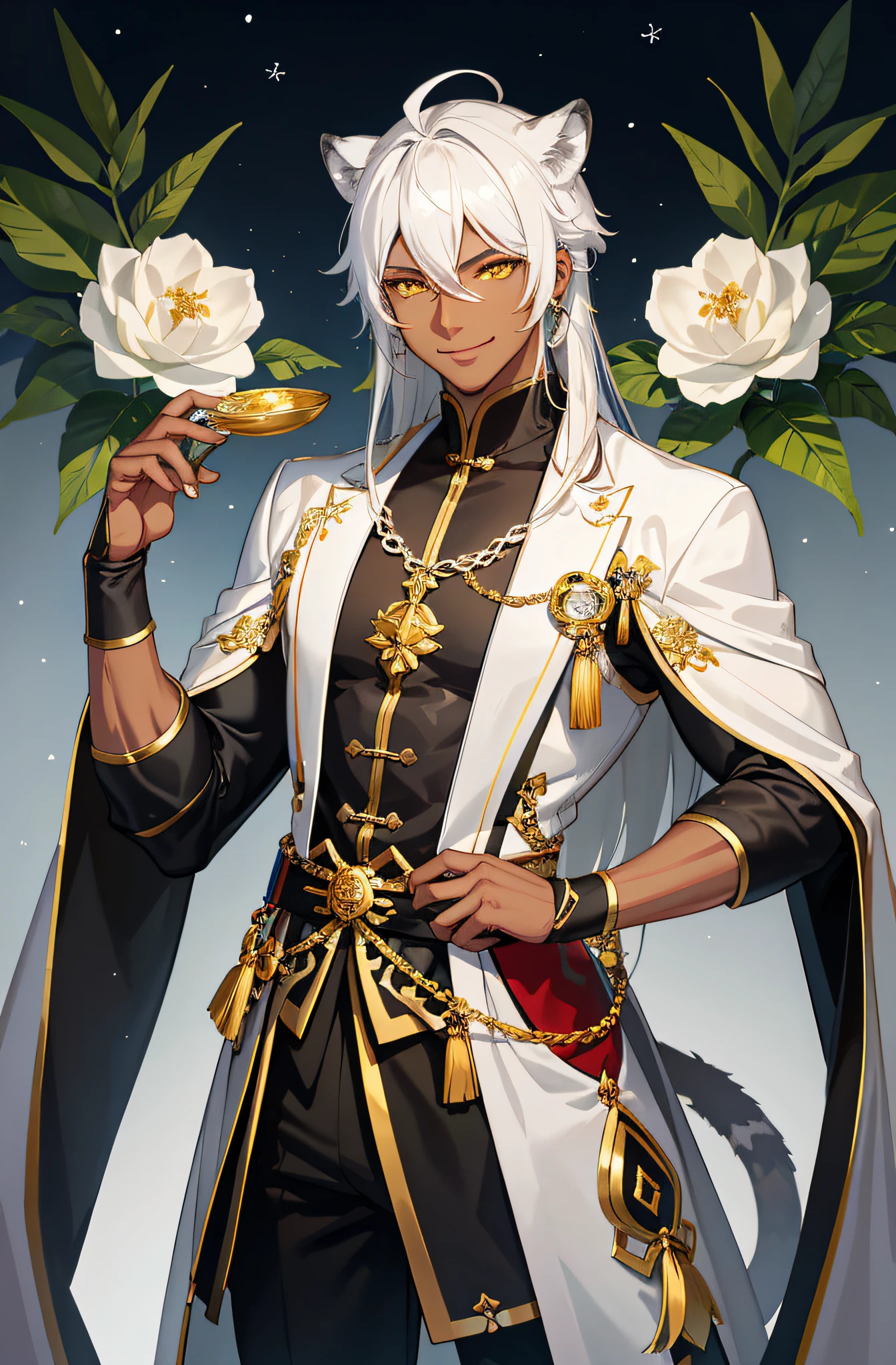 1male, charming, dark skin, ebony, white hair, cat boy, snow leopard, muscular, muscular male, Chinese clothing, flowers, smiling, yellow eyes, ((masterpiece)), pretty male, genshin impact art, long hair, detailed eyes,