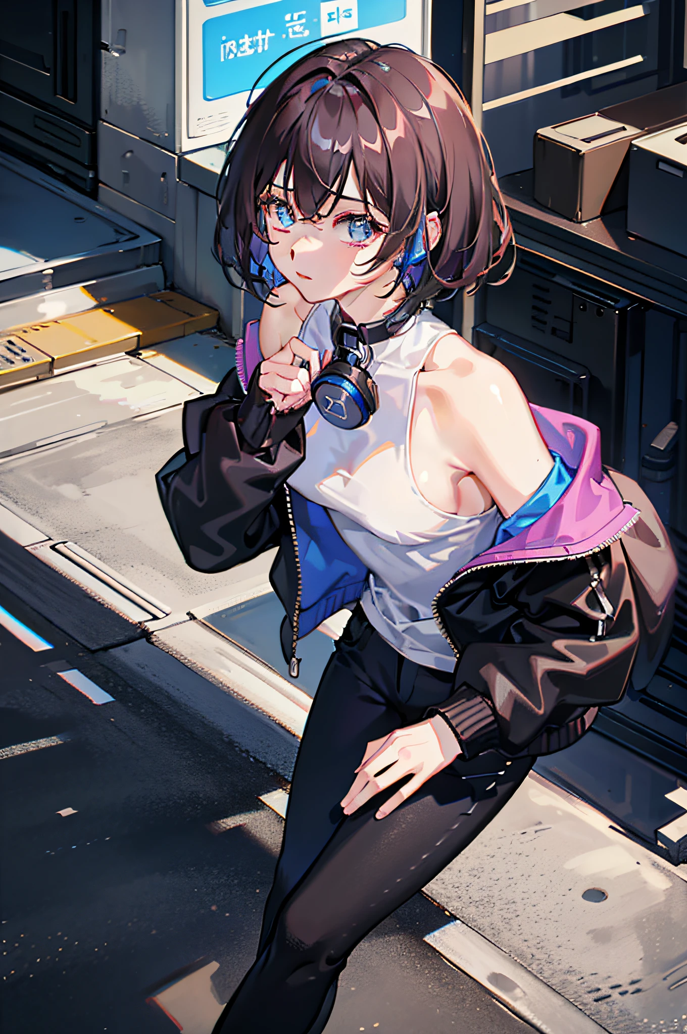 one-girl，jaket，shorter pants，bshoulders，Sexy look，Earphone，beautiful pupil，short detailed hair，A masterpiece of the best quality，超高分辨率，Realistic1.5，low tune，Sateen