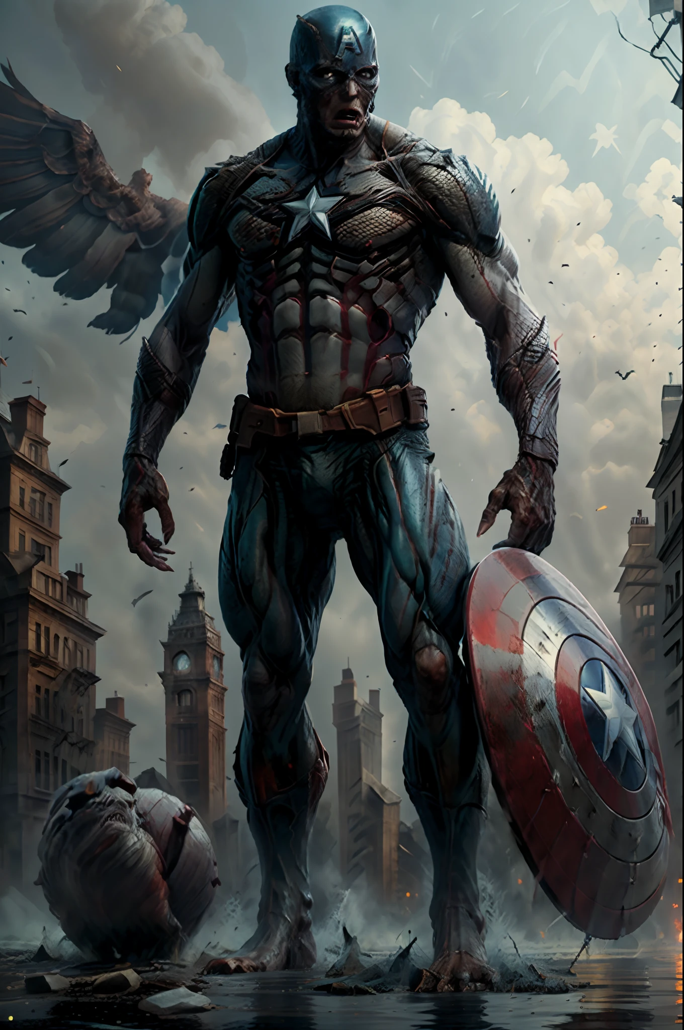 (8k, RAW photo, best quality, masterpiece:1.2), ultra realistic, masterpiece, solo, full body, monster, standing, captain America