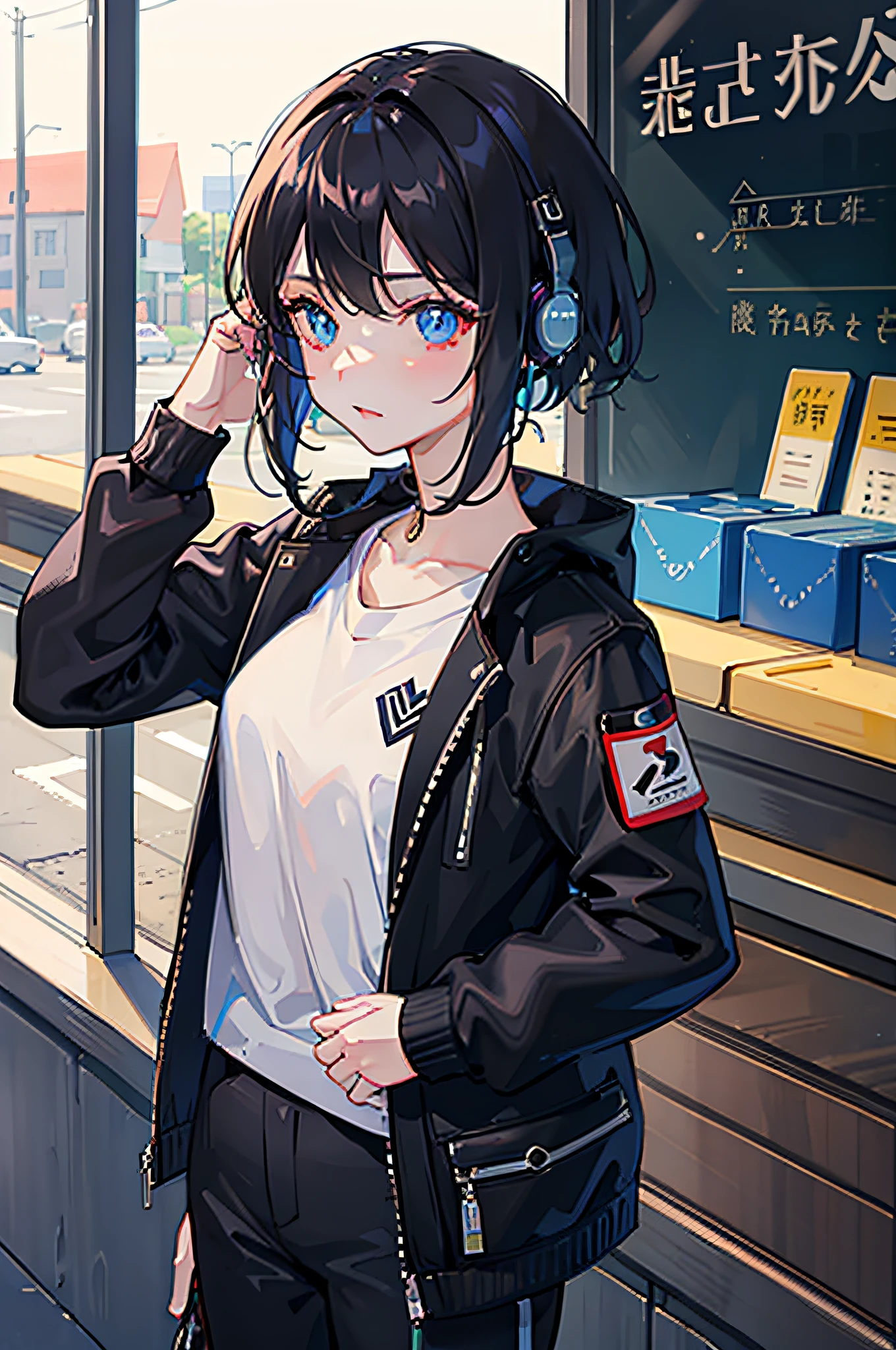 one-girl,jaket,shorter pants,bshoulders,Sexy look,Earphone,beautiful pupil,short detailed hair,A masterpiece of the best quality,超高分辨率,Realistic1.5,low tune,Sateen