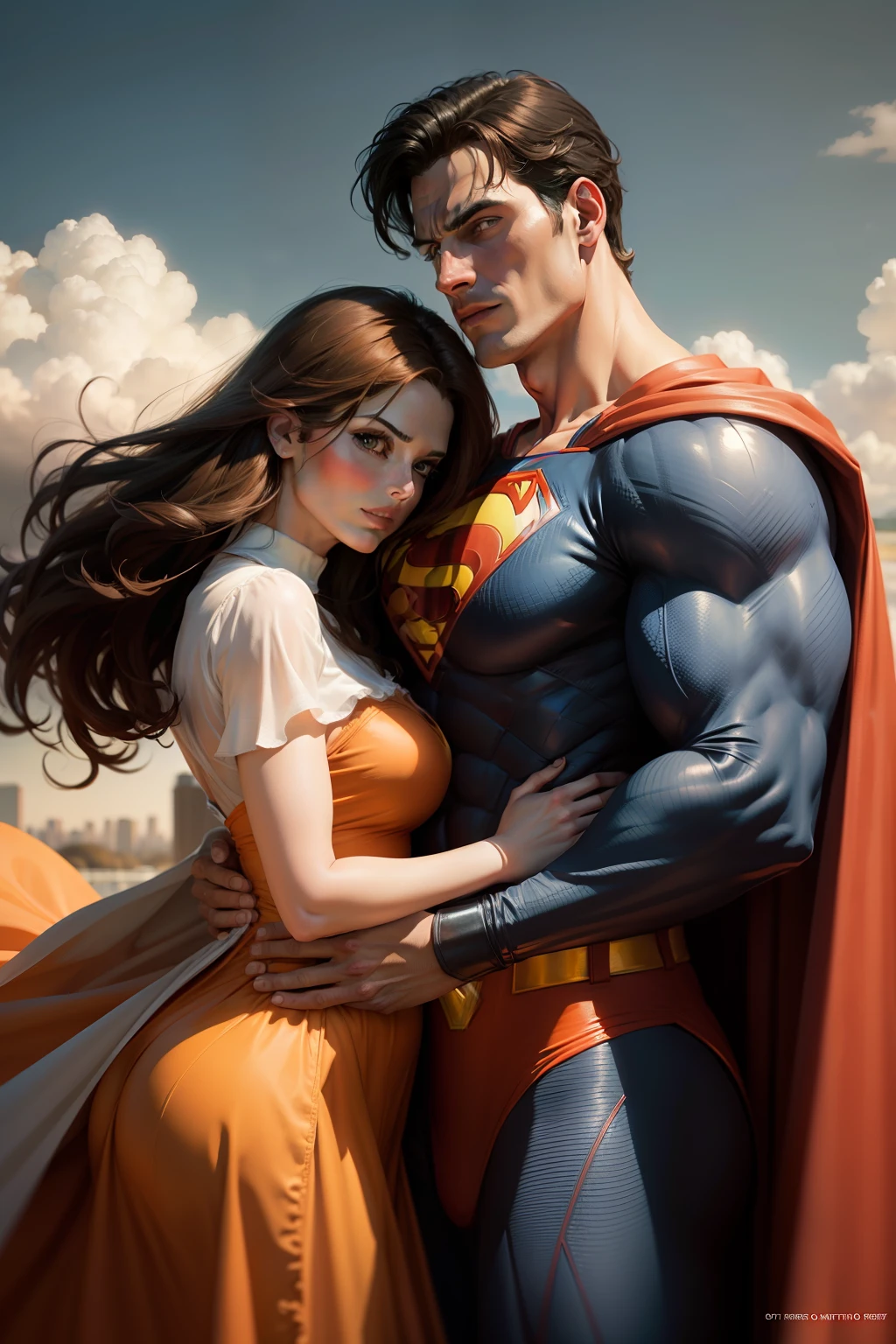 Strong Superman holding his girlfriend Lois Lane in his arms, Lois Lane is wearing a orange dress, Superman is protecting her, DC Comics, Dan Jurgens, beautiful hair, cape, windy