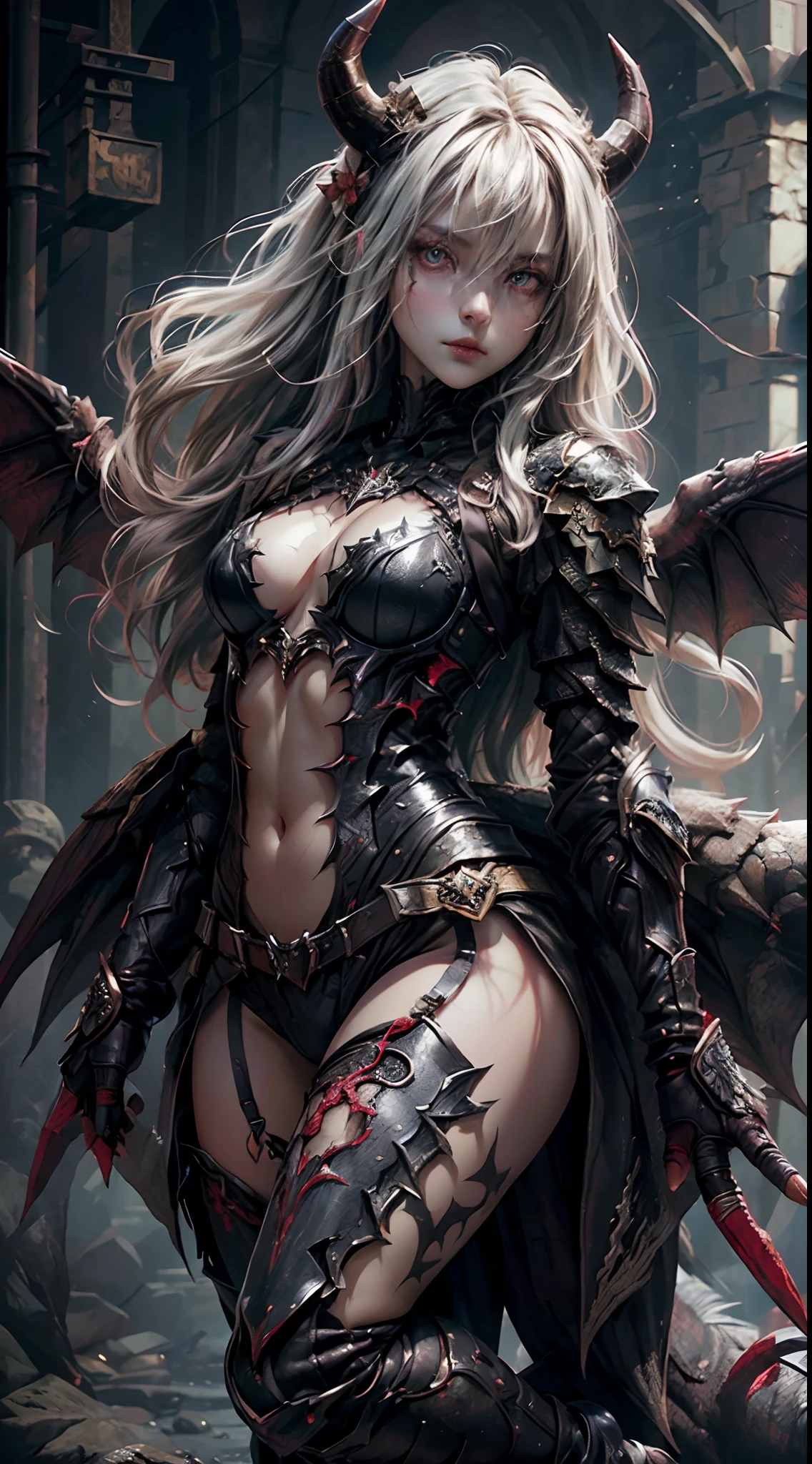 1girl, solo, illustration, full body, (high resolution, 8k, incredible quality, best quality, ultra-detailed, highly detailed, masterpiece:1.2), mature female, adult girl, cute, an extremely delicate and beautiful girl, perfect body, slender waistline, slim legs, (beautiful face, beautiful detail face, cute and delicate face, delicate face, perfect face, golden ratio, golden ratio face:1.1), (expressionless eyes, red_eyes, extreme detailed eyes, beautiful detailed eyes:1.2), (long_hair, white_hair, hair between eyes:1.2), floating hair, (high detail skin, natural skin texture, real skin texture:1.1), (demon_wings:1.3), (oni_horns, demon, demon_girl, succubus:1.2), evil smile, (armored_dress, black_armor, monster_hunter, monster_hunter_4, monster_hunter_portable_3rd:1.3), (black silk stocking, high heels:1.0), yuzu, kneesocks, red moon, fullmoon, lycoris, flowers (innocent grey)