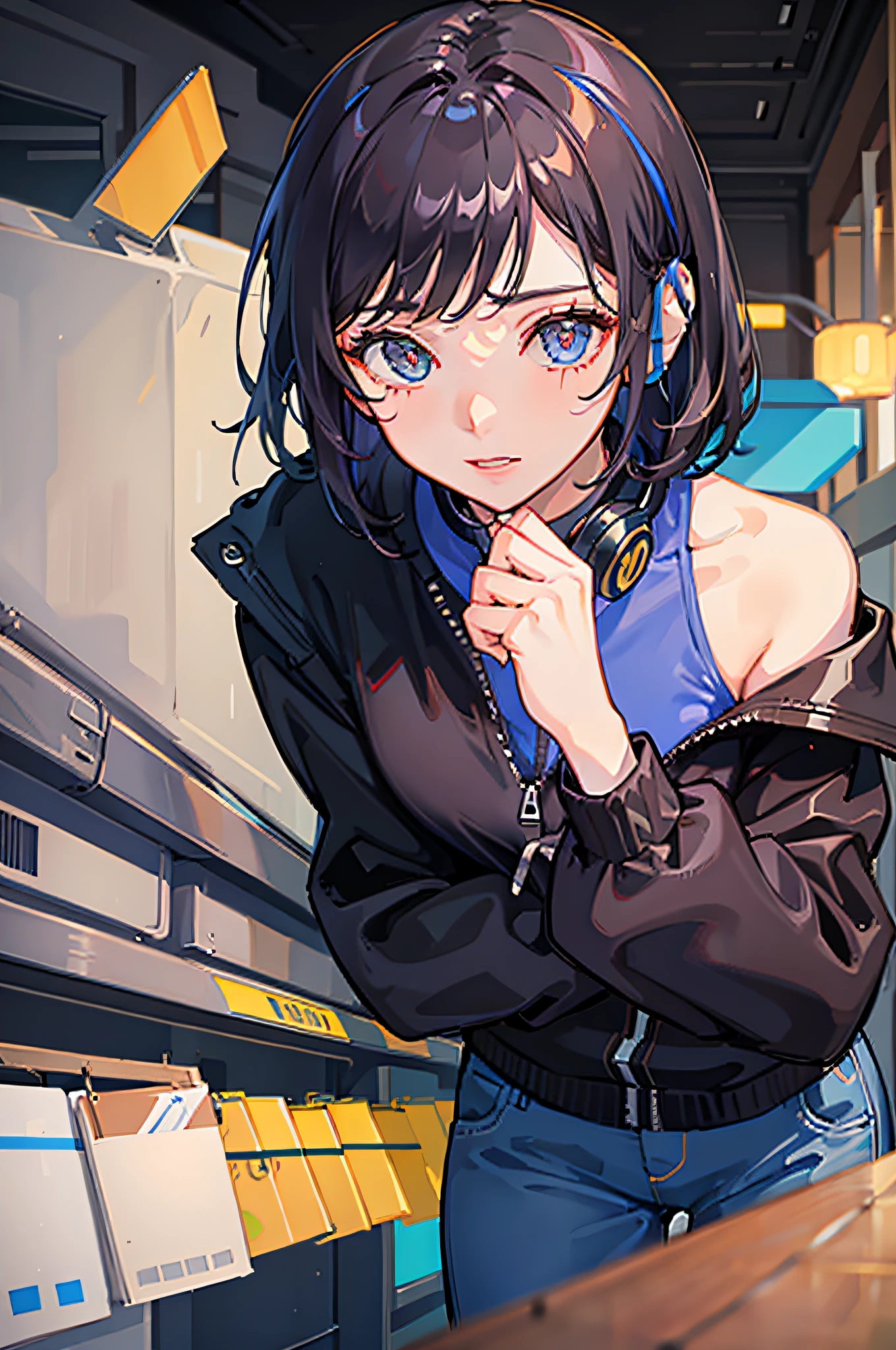 one-girl,jaket,shorter pants,bshoulders,Sexy look,Earphone,beautiful pupil,short detailed hair,A masterpiece of the best quality,超高分辨率,Realistic1.5,low tune,Sateen