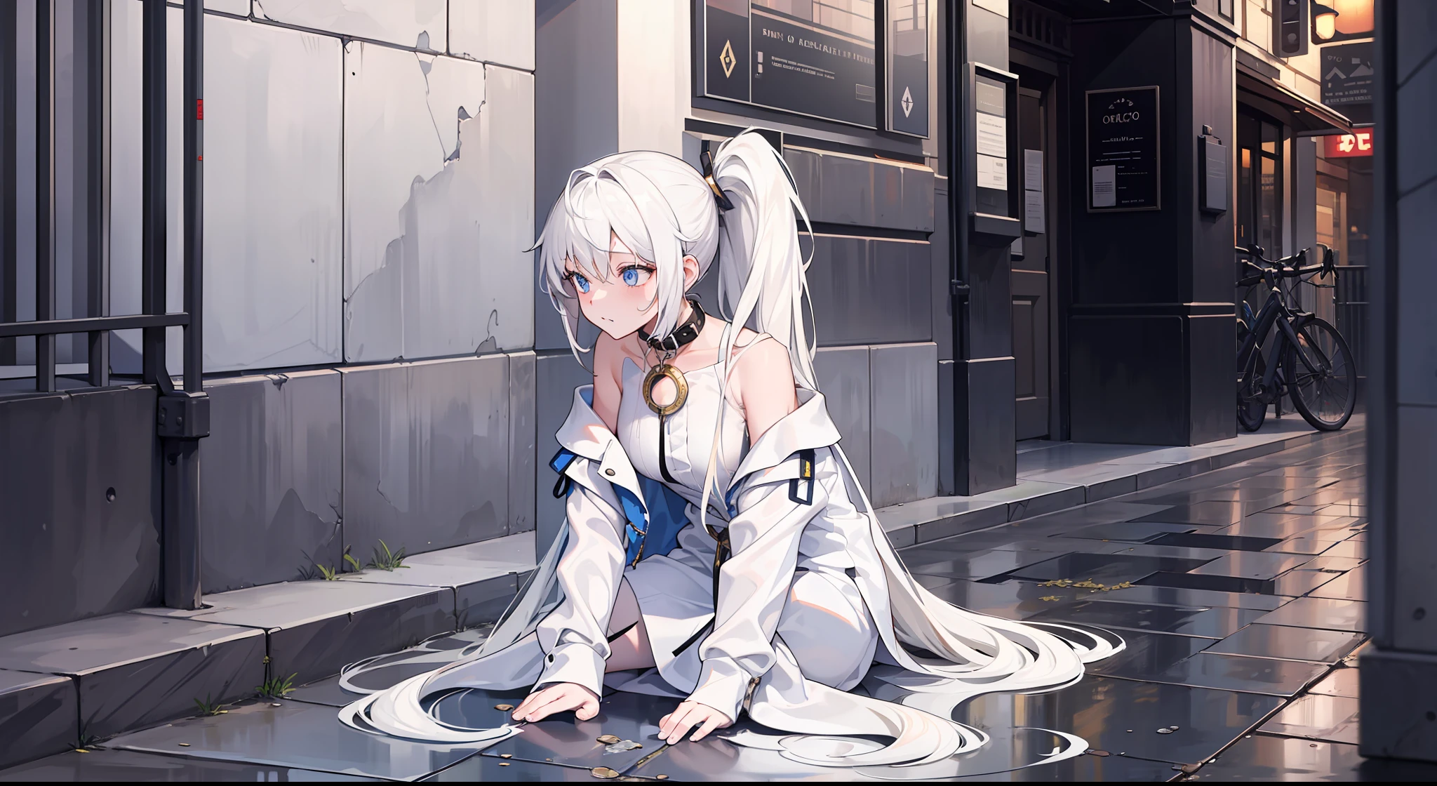 HighestQuali，Need，tmasterpiece，completely_naked，（The whole body lies on the ground），Urine discharge，Urine on the ground，The streets of the city，The liquid of details，white color hair，High ponytail，（with a collar around the neck）
