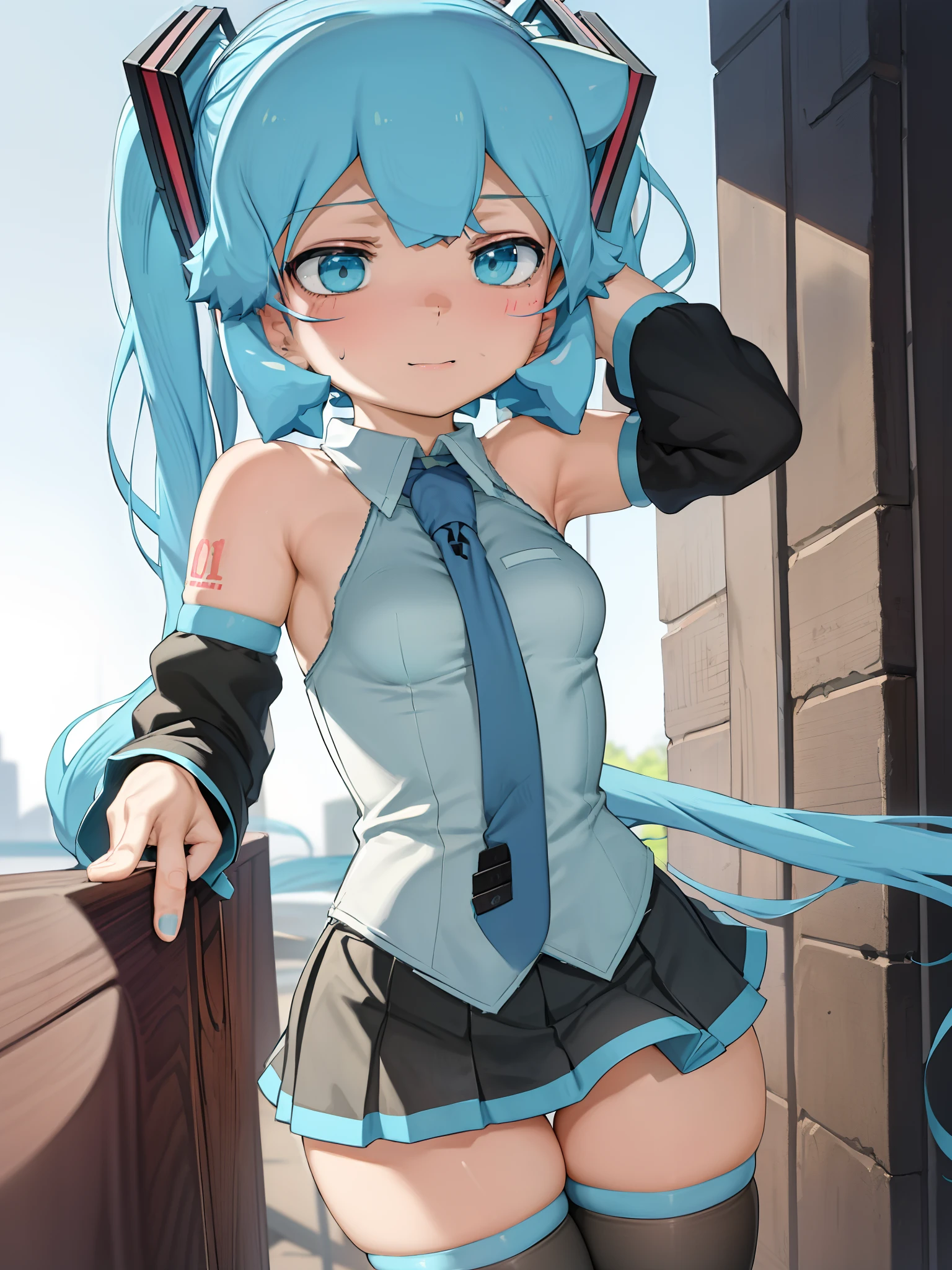 1girl, aqua eyes, aqua hair, hatsune miku, grey shirt, detached sleeves, twintails, shoulder tattoo, necktie, black thighhighs, pleated skirt