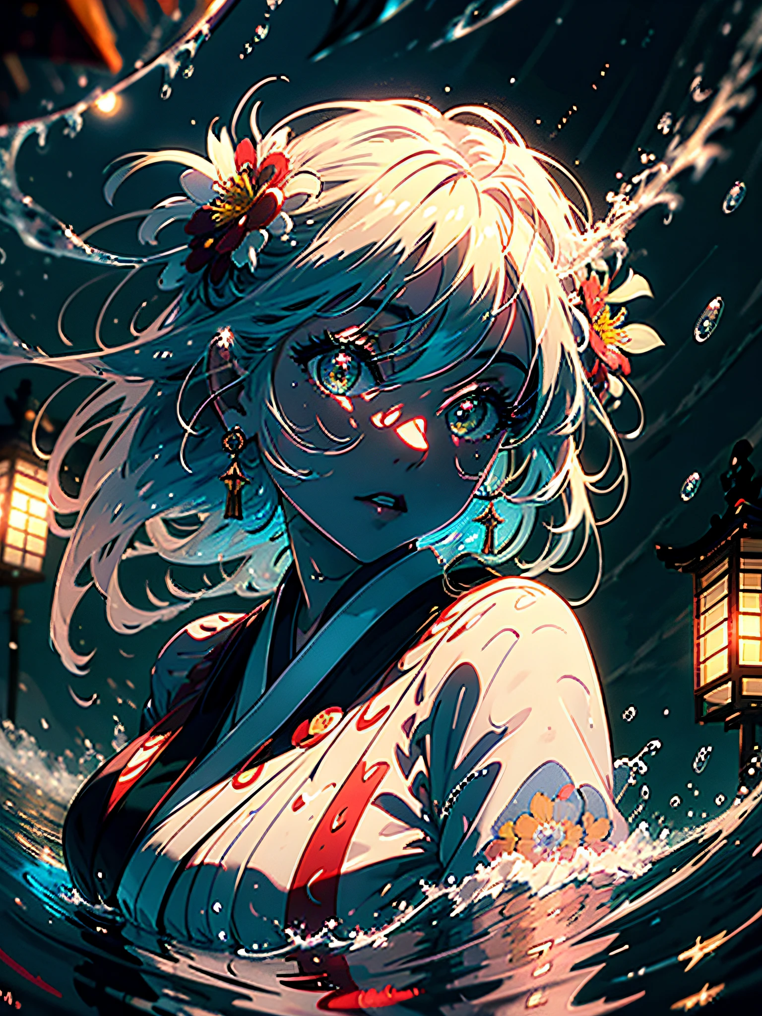 1girl, small breasts, moon, lantern, night, solo, hair ornament, wet, kimono, japanese clothes, wading, water, hair flower, flower, outdoors, sky, full moon, rain, black hair, off shoulder, mountain, cloud, holding, sash, bare shoulders, paper lantern, standing, white kimono, night sky, sideboob, obi, wet clothes, bangs, tree, from side, reflection, short white hair, cloudy sky, wet hair (((masterpiece),(extremely detailed CG unity 8k wallpaper),best quality,,solo,1girl,cinematic lighting,detailed background,beautiful detailed eyes,bright red pupils, (an extremely delicate and beautiful),(Beautiful and detailed eye description), ultra-detailed,masterpiece,)),