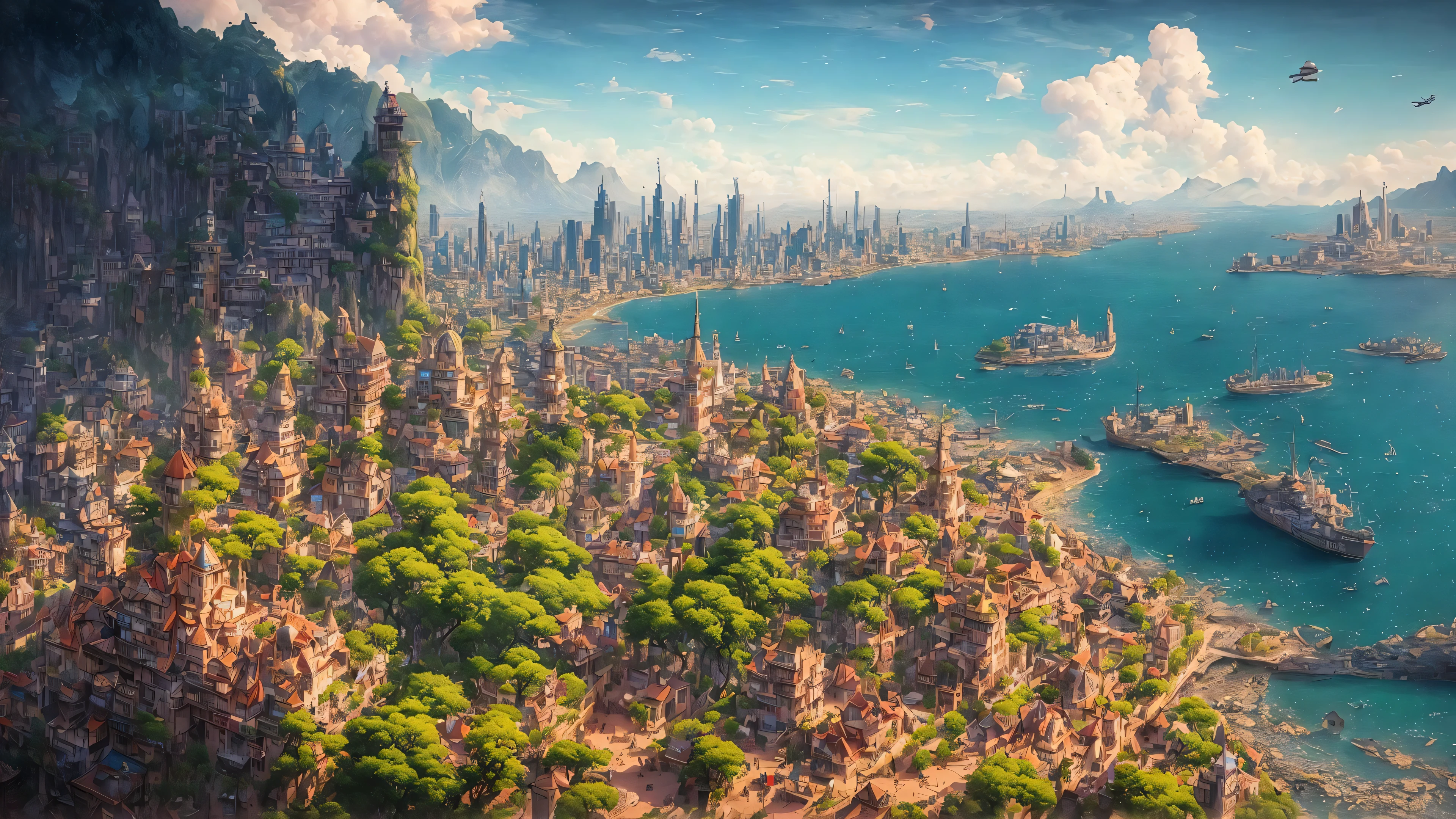 beautiful open kitchen in the style of elena of avalor overlooking aerial wide angle view of a solarpunk vibrant city with greenery, interior architecture, ocean, river, ships, citizens, rampart, rendered in octane, in the style of Luc Schuiten, craig mullins, solarpunk in deviantart, photorealistic, highly detailed, Vincent Callebaut, elena of avalor, highly detailed