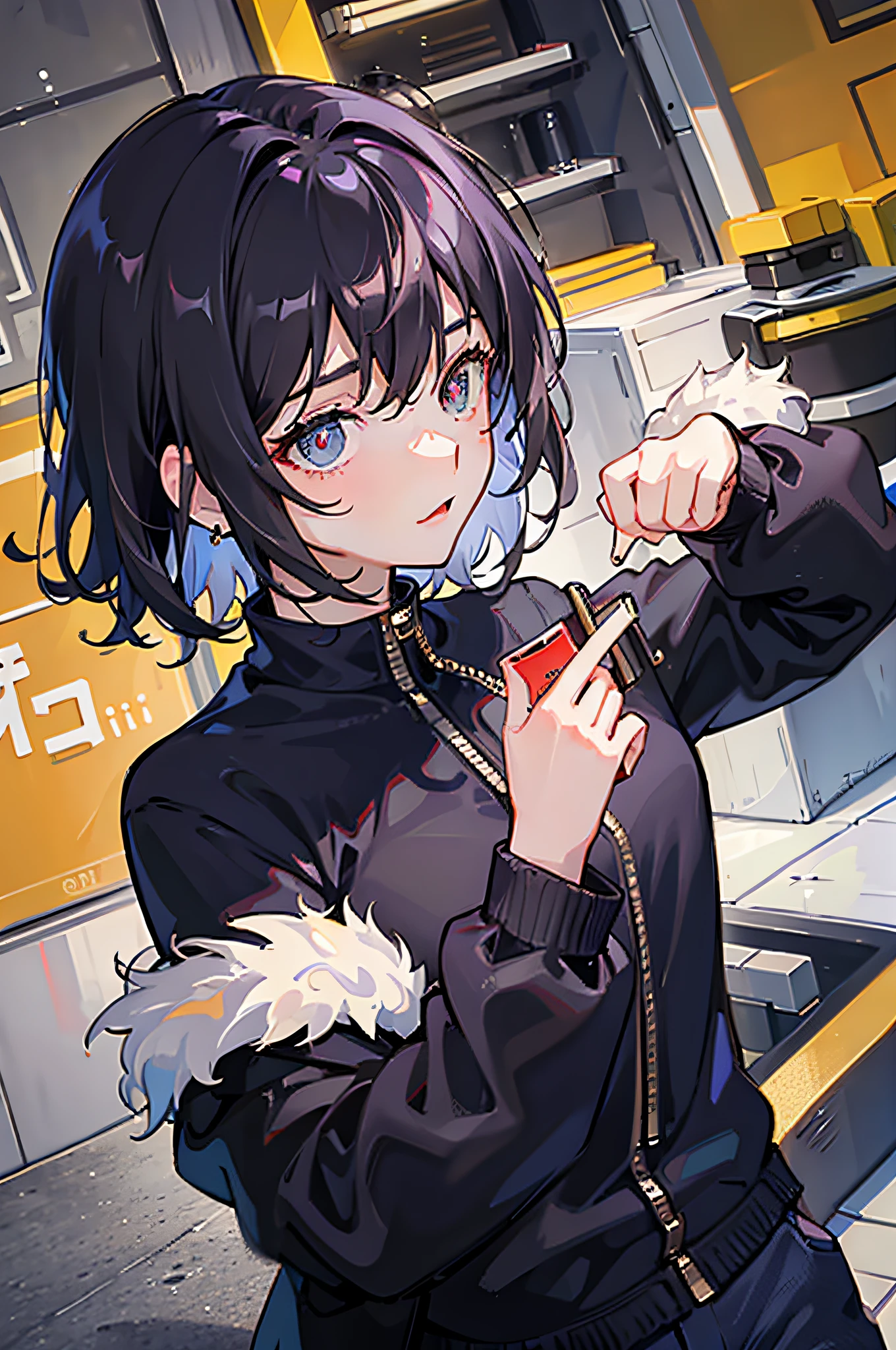 one-girl,jaket,shorter pants,bshoulders,Sexy look,Earphone,Beautiful pupils,short detailed hair,A masterpiece of the best quality,超高分辨率,Realistic1.5,low tune,Sateen