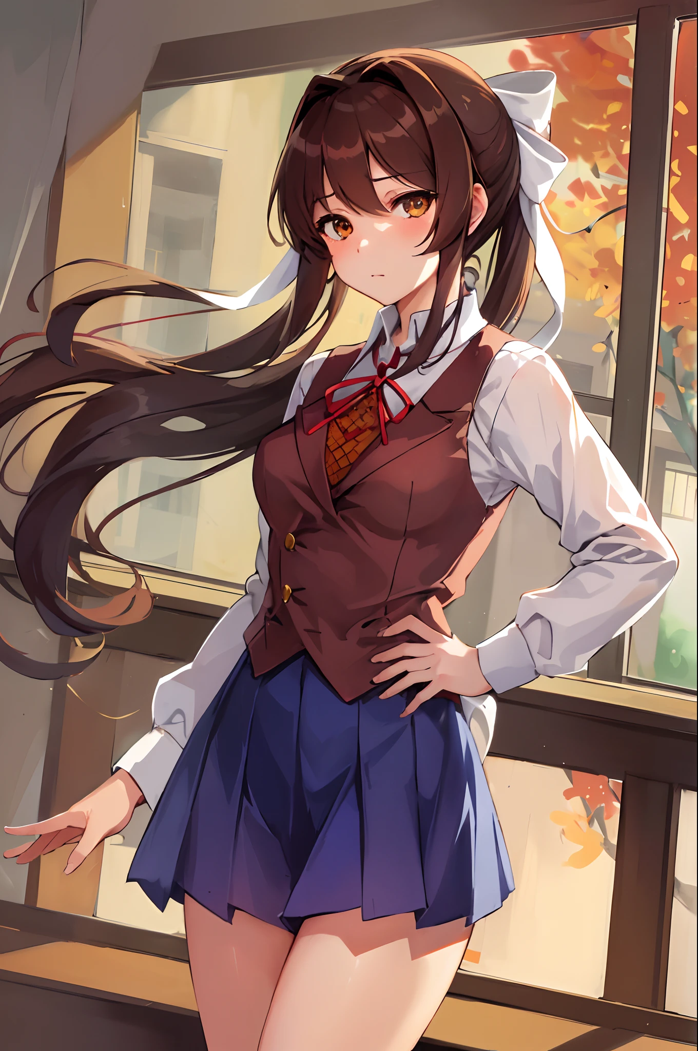 ​masterpiece, top-quality, animesque, ighly detailed, 1girl in, 独奏, 校服, is standing, ‎Classroom, Monica, verd s eyes, brown haired, Very long hair, poneyTail, Hair ribbon, White ribbon, ‎Classroom、