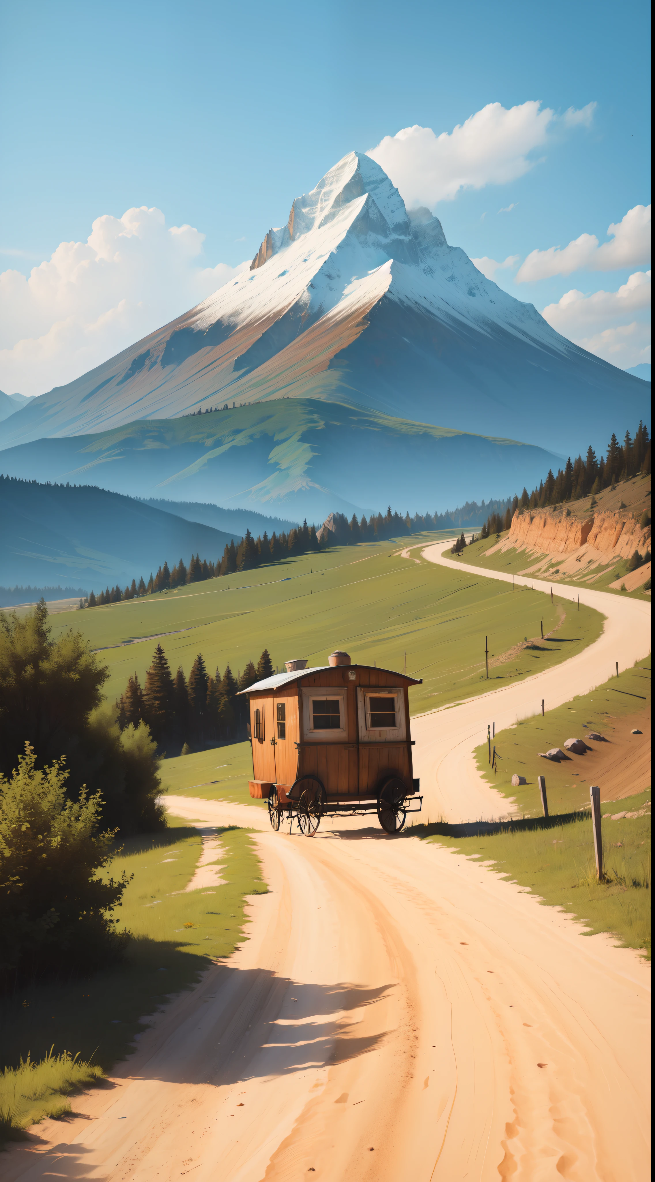 a gypsy wagon on a dirt road with forked paths and a mountain blocking the way
