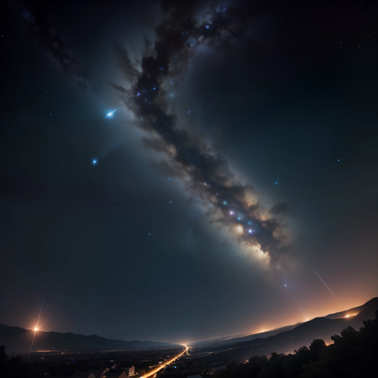 Fantastic starry sky,Beautiful night view,Meteors streak across,Fireflies flicker,Close-up。