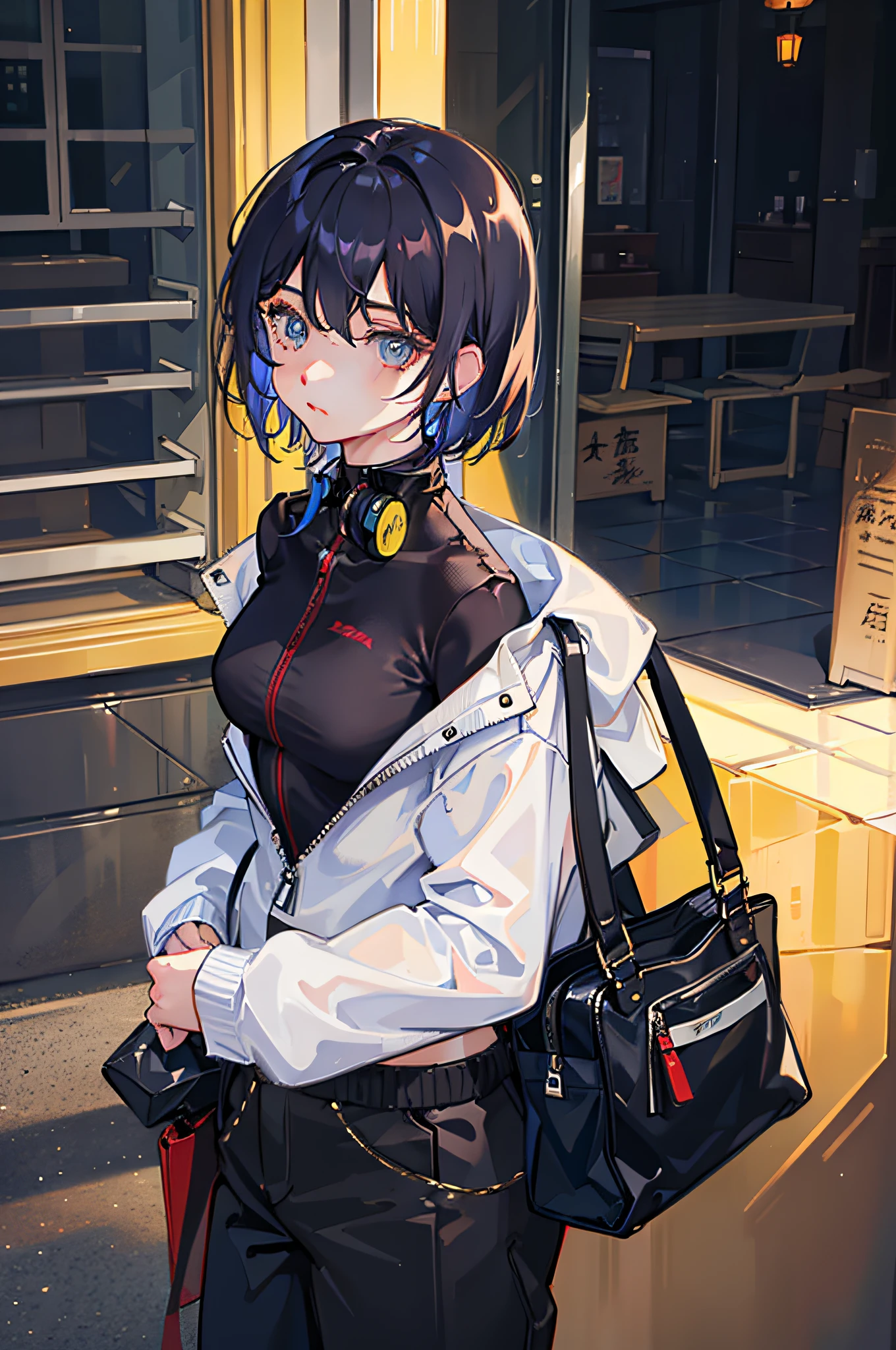 one-girl，jaket，shorter pants，bshoulders，Sexy look，Earphone，Beautiful pupils，short detailed hair，A masterpiece of the best quality，超高分辨率，Realistic1.5，low tune，Sateen