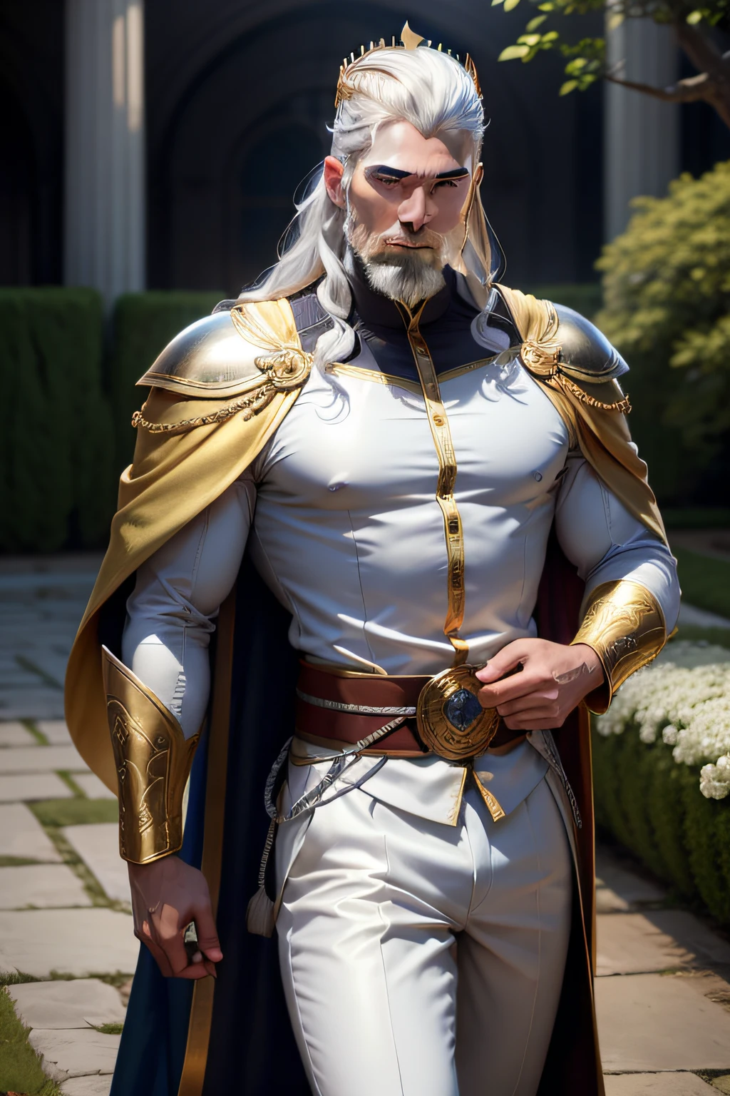 young muscular 30 years old, silver hair wearing a golden crown, thin silver beard, with white and silver suit, training with a golden sword on his waist, in his royal garden
