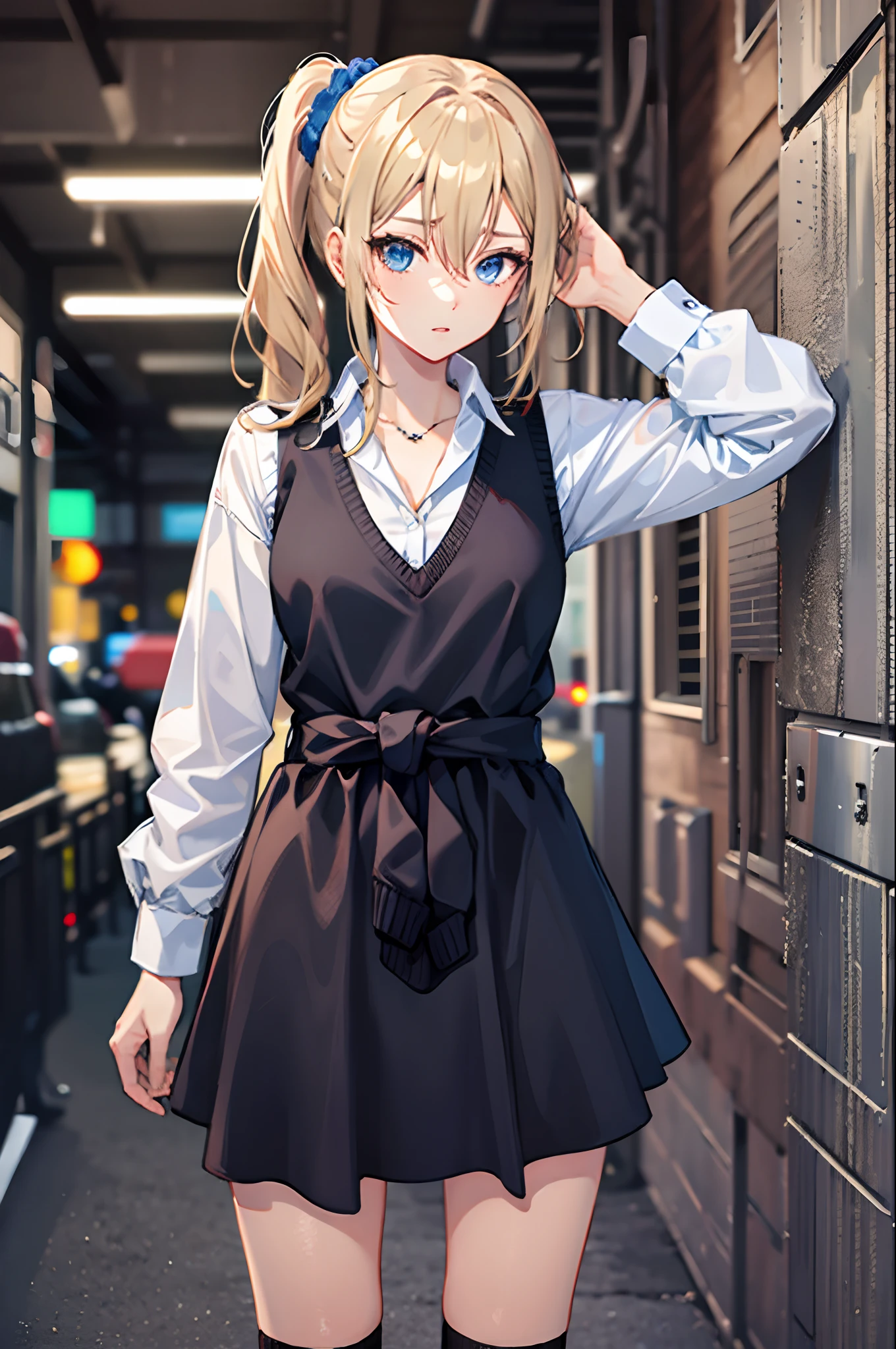 masterpeace, best quality, highres, 1girl, solo, hayasaka ai, blue scrunchie, side ponytail, hair between eyes, blue eyes, blonde hair, hair ornament, breasts, school uniform, collared shirt, hair scrunchie, clothes around waist, bangs, black socks, black vest, long hair, long sleeves, cardigan, sidelocks, kneehighs, dress shirt, necklace, collarbone, black dress, jewelry, sweater, cowboy shot, standing,