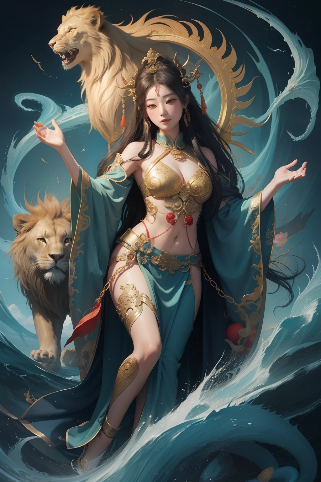 an ancient Chinese goddess, guanyin of the southern seas, Guanyin, Inspired by China, Avalokiteshvara rides a lion，,Serene expression,shui mo hua,Buddha,Buddhist,Lotus,Chinese painting style,Thangka style