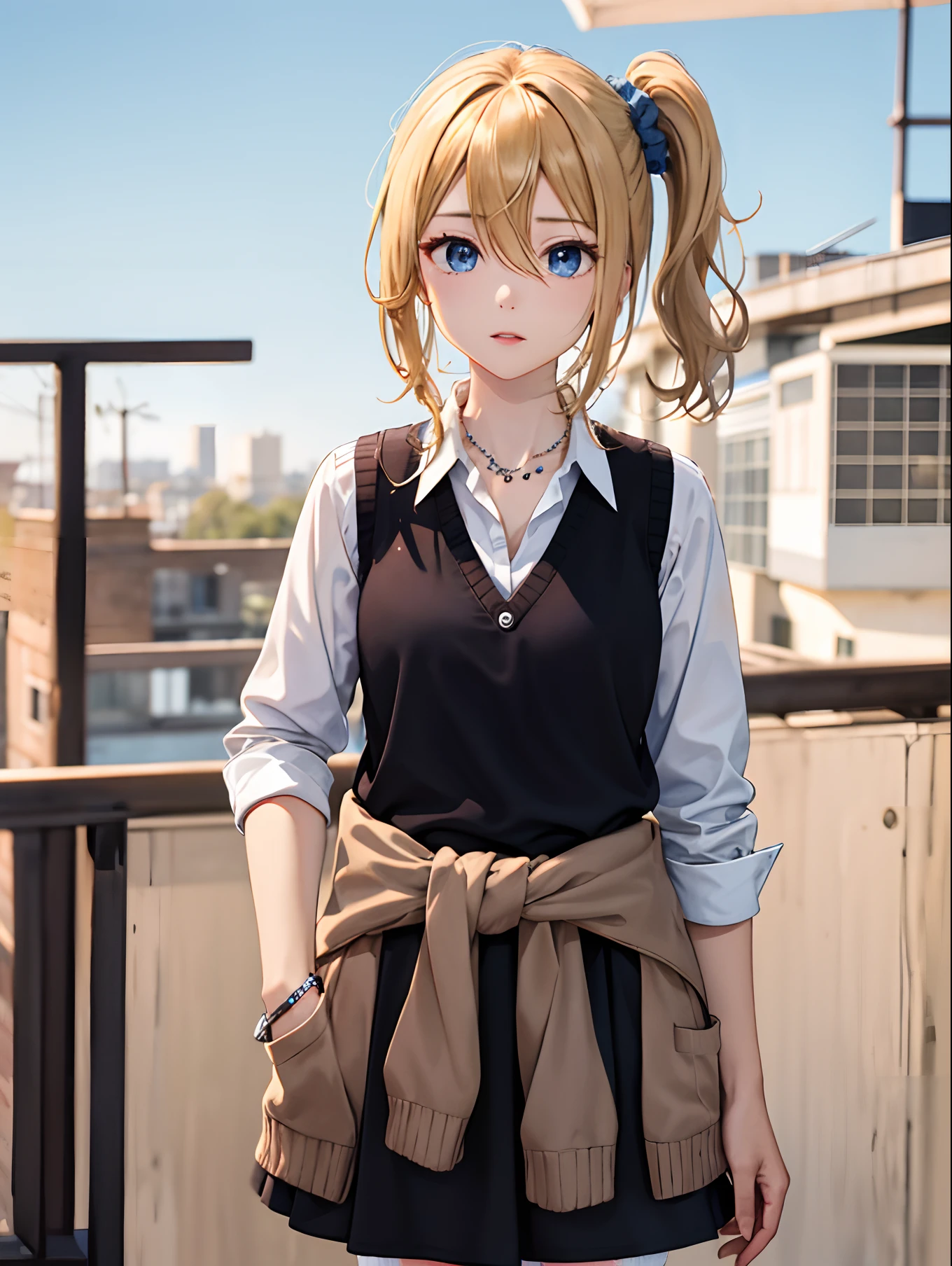 masterpeace, best quality, highres, 1girl, solo, hayasaka ai, blue scrunchie, side ponytail, hair between eyes, blue eyes, blonde hair, hair ornament, breasts, school uniform, collared shirt, hair scrunchie, clothes around waist, bangs, black socks, black vest, long hair, long sleeves, cardigan, sidelocks, kneehighs, dress shirt, necklace, collarbone, black dress, jewelry, sweater, cowboy shot, standing,