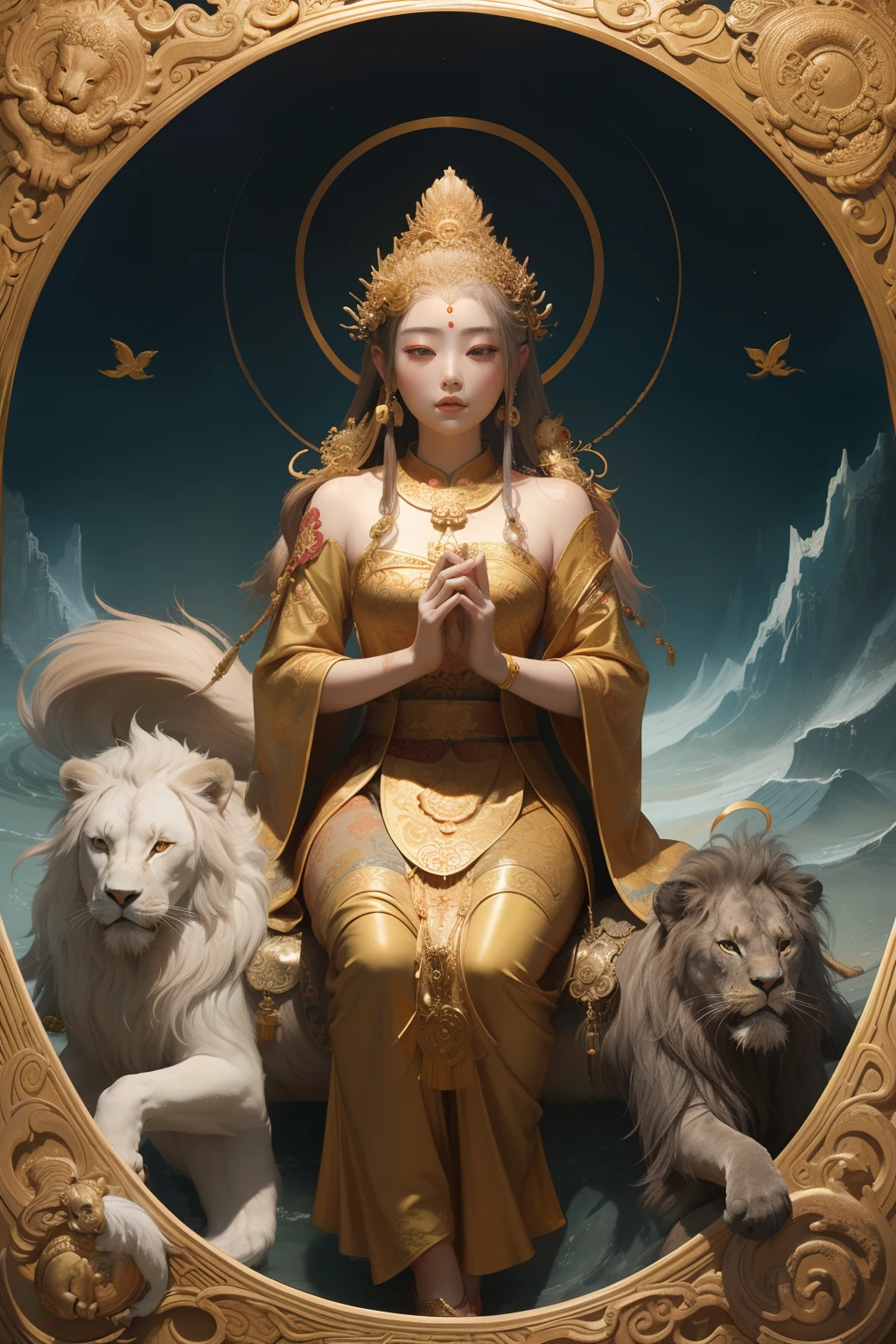 an ancient Chinese goddess, guanyin of the southern seas, Guanyin, Inspired by China, Avalokiteshvara rides a lion,,Serene expression,shui mo hua,Buddha,Buddhist,Lotus,Chinese painting style,Thangka style