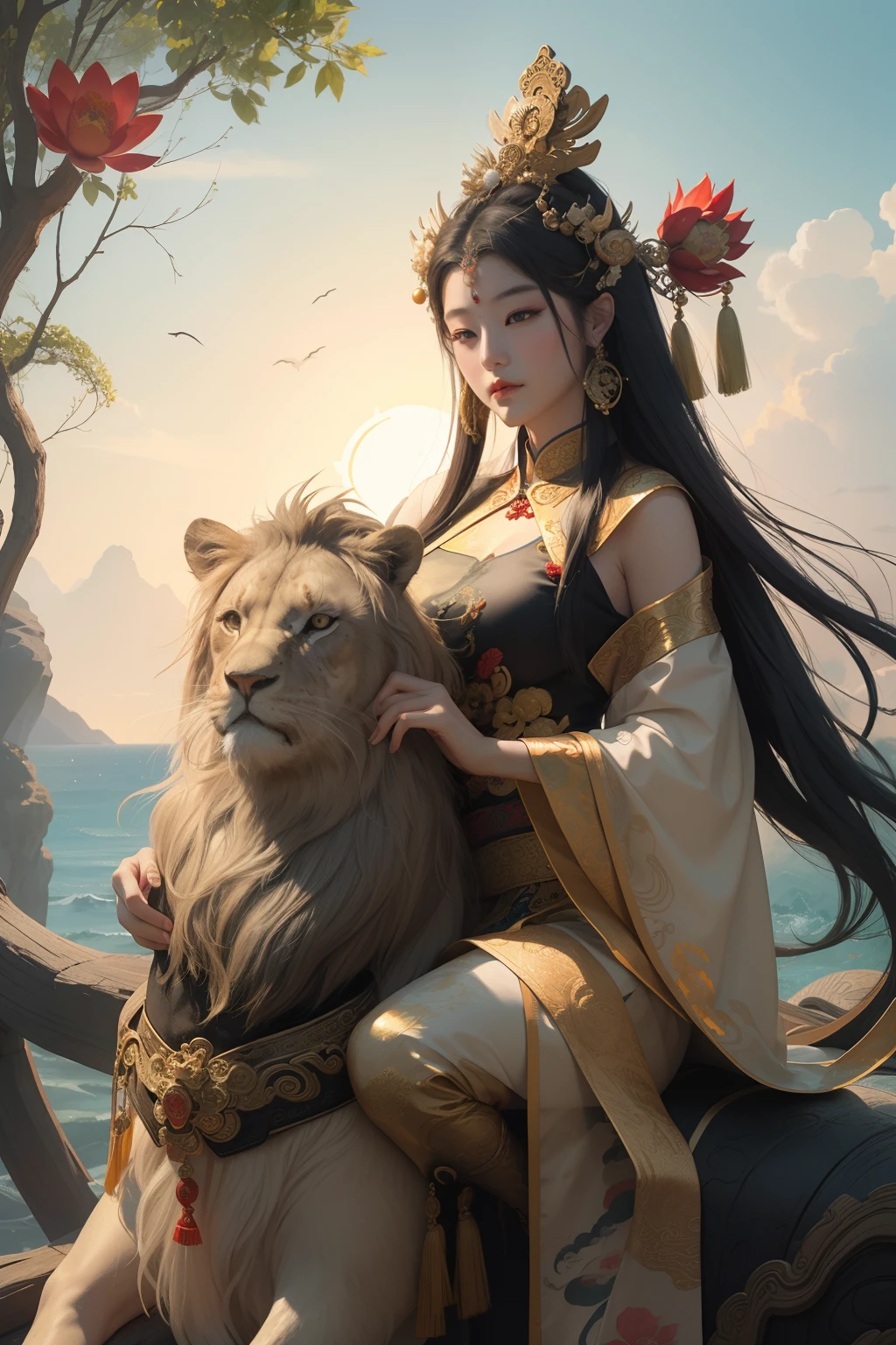 an ancient Chinese goddess, guanyin of the southern seas, Guanyin, Inspired by China, Avalokiteshvara rides a lion，,Serene expression,shui mo hua,Buddha,Buddhist,Lotus,Chinese painting style,Thangka style