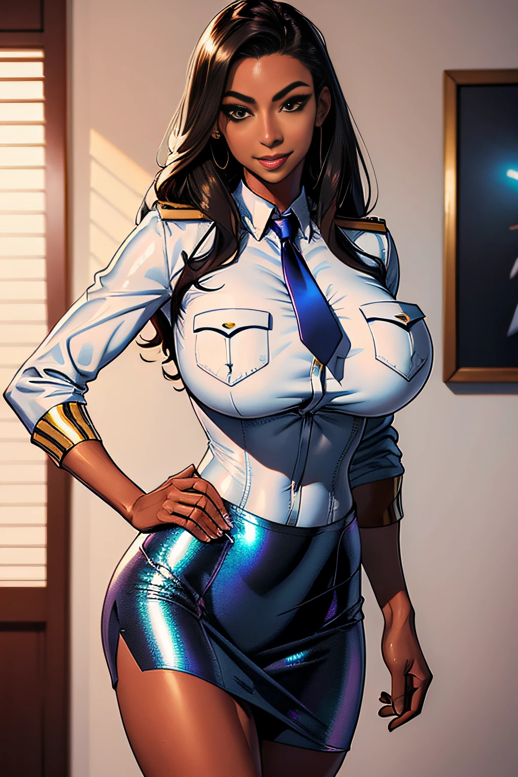 Five-fingered、Colossal tits、1 Female Alafe Air Force Officer、thin and long legs,、Fitness Model、musculature、abdominals、Metallic white shirt with breast pocket、Iridescent jacket and tight skirt、neck tie、Class Chapters、decoration、skin tanned、glistning skin、Cool smile、Pose ready to fight