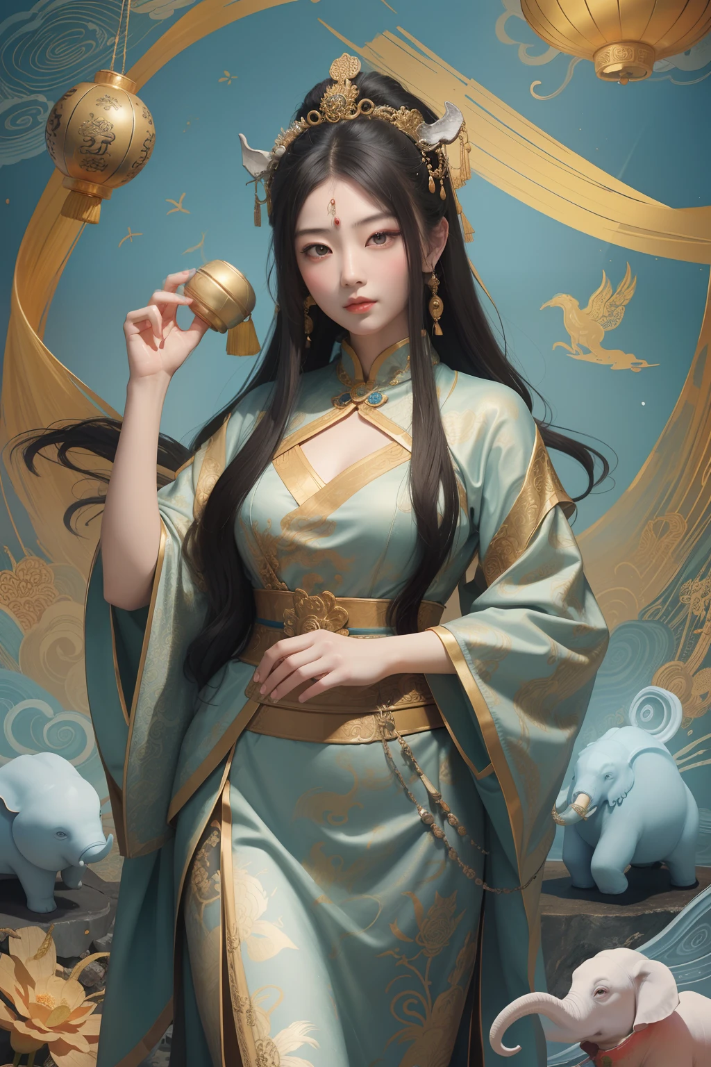 an ancient Chinese goddess, guanyin of the southern seas, Guanyin, Inspired by China, Avalokiteshvara rides an elephant,,Serene expression,shui mo hua,Buddha,Buddhist,Lotus,Chinese painting style,Thangka style