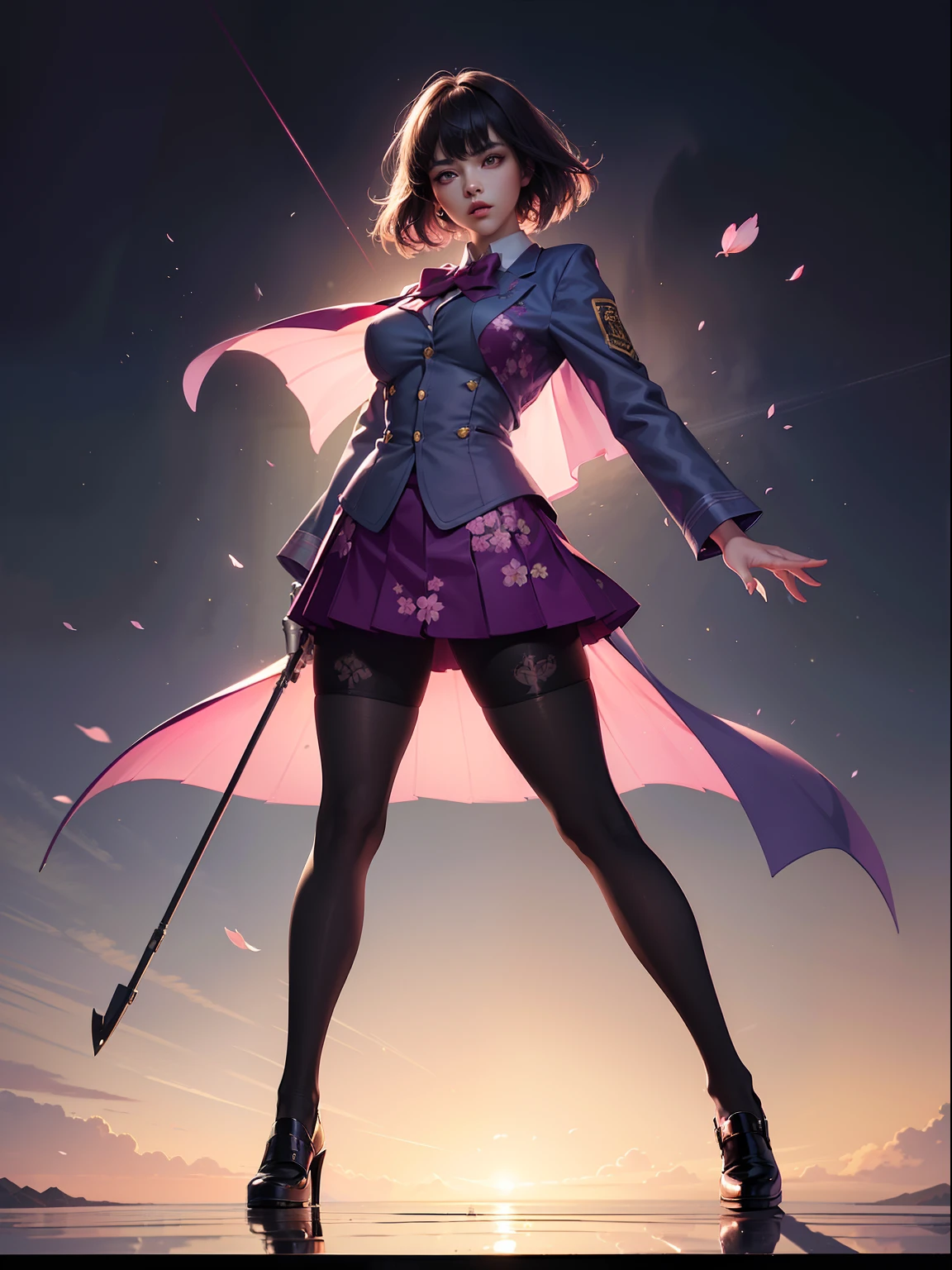 (full body:1.5),(1girl:1.3),(looking at viewer:1.4),(??????? correct:1.3),(In the paradise of the day:1.3),(Wearing Very thick Printed Pantyhose and Cherry Blossom suit Set JK uniform printed Ultra short pleated skirt and JK uniform leather shoes with bow decoration :1.3), (A high jump posture:1.3),(In pink|amarelo|blue colors|green color|red colour|white colors|black in color|purpleish color|greys|Beige|Flesh color 1.4),(Glowing eyes:1.3),(Accurate and perfect face:1.4),(Clothing Gloss:1.25),(Skin reflection:1.25),hyper HD, Ray traching, reflective light,structurally correct, Award-Awarded, high detal, lightand shade contrast, Face lighting,cinmatic lighting, tmasterpiece, super detailing, high high quality, high detal, best qualityer, 16k,high contrast,