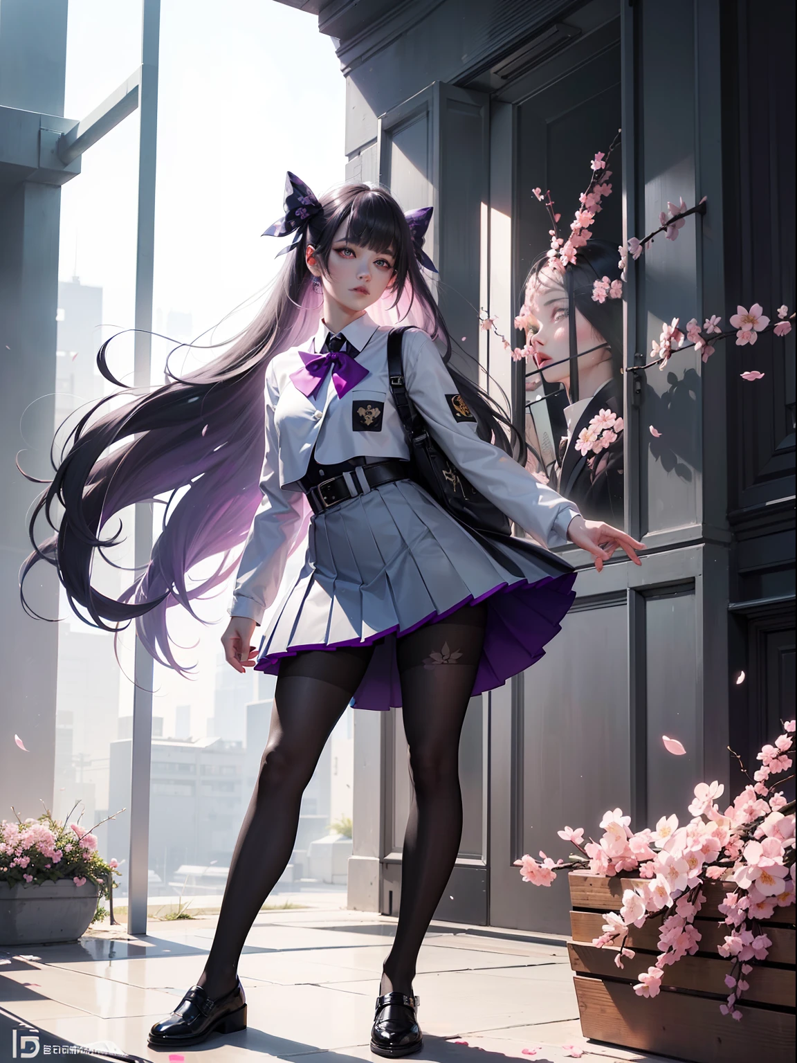 (full body:1.5)，(1girl:1.3),(looking at viewer:1.4)，(anatomy correct:1.3)，(In the paradise of the day:1.3),(Wearing Very thick Printed Pantyhose and Cherry Blossom suit Set JK uniform printed Ultra short pleated skirt and JK uniform leather shoes with bow decoration :1.3), (A high jump posture:1.3),(In pink|amarelo|blue colors|green color|red colour|white colors|black in color|purpleish color|greys|Beige|Flesh color 1.4)，(Glowing eyes:1.3),(Accurate and perfect face:1.4),(Clothing Gloss:1.25),(Skin reflection:1.25),hyper HD, Ray traching, reflective light，structurally correct, Award-Awarded, high detal, lightand shade contrast, Face lighting，cinmatic lighting, tmasterpiece, super detailing, high high quality, high detal, best qualityer, 16k，high contrast,