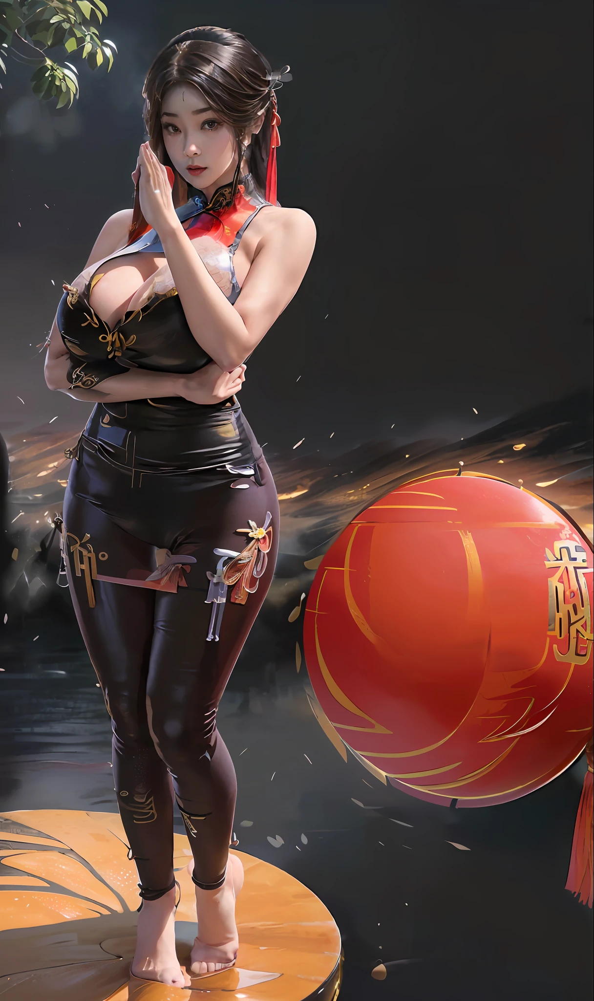 (nsfw:1.5), (Top Quality, 8k, 32k, Masterpiece, UHD:1.2), (chinese:1.5), (solo girl:2.0), walking down dynamic pose, beautiful chinese woman, looking at viewer, (hot qipao dress:1.5), (yoga pants:1.5), full body, (perfect body:1.5), (huge fake breasts:1.5), (round breasts:1.5), (muscle abs:1.3), (big buttocks:1.2), milf face,
