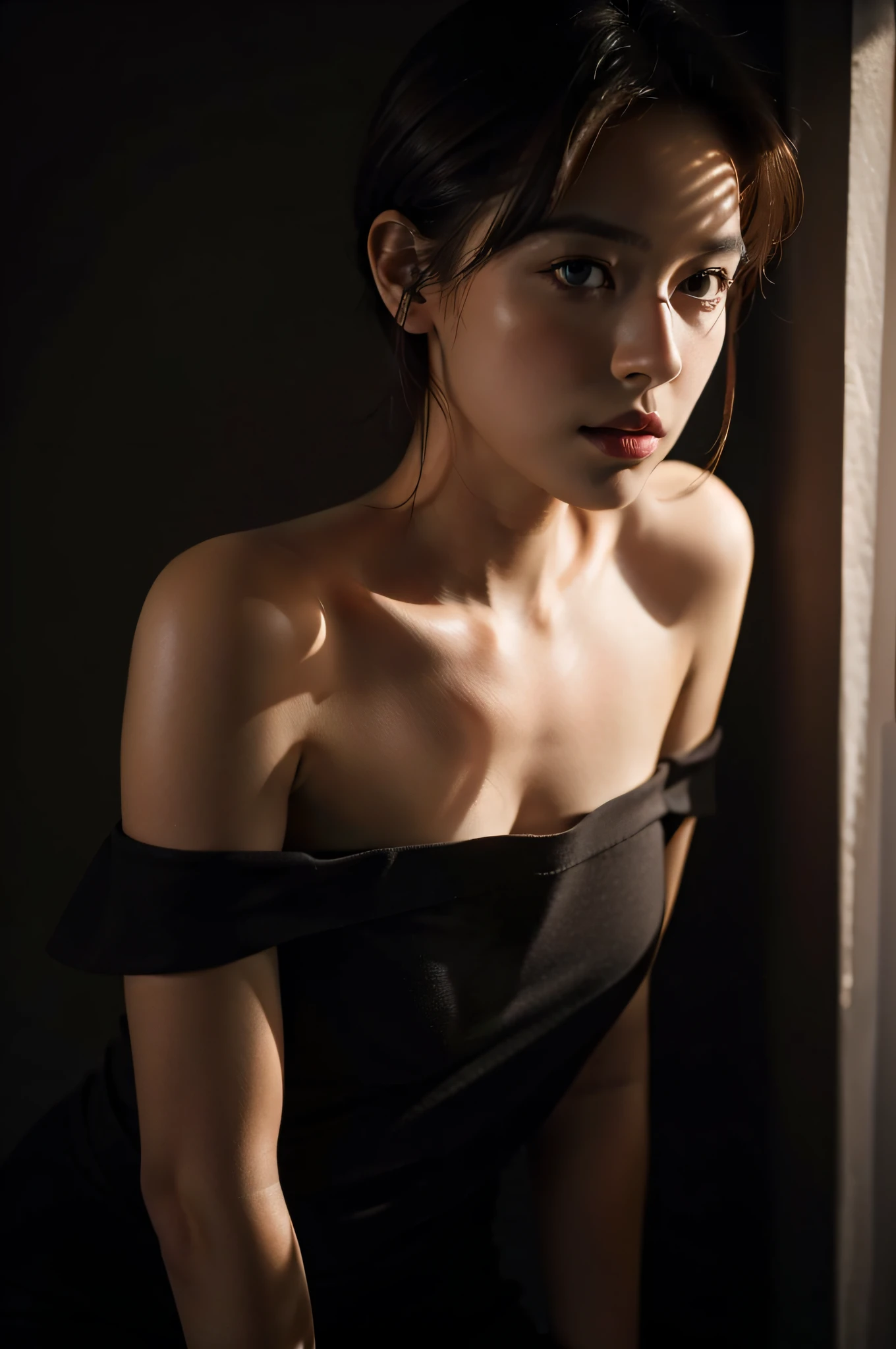 Best quality, masterpiece, ultra high res, (photorealistic:1.5), raw photo, 1girl, offshoulder, in the dark, deep shadow, low key, cold light, sexy look, short hair